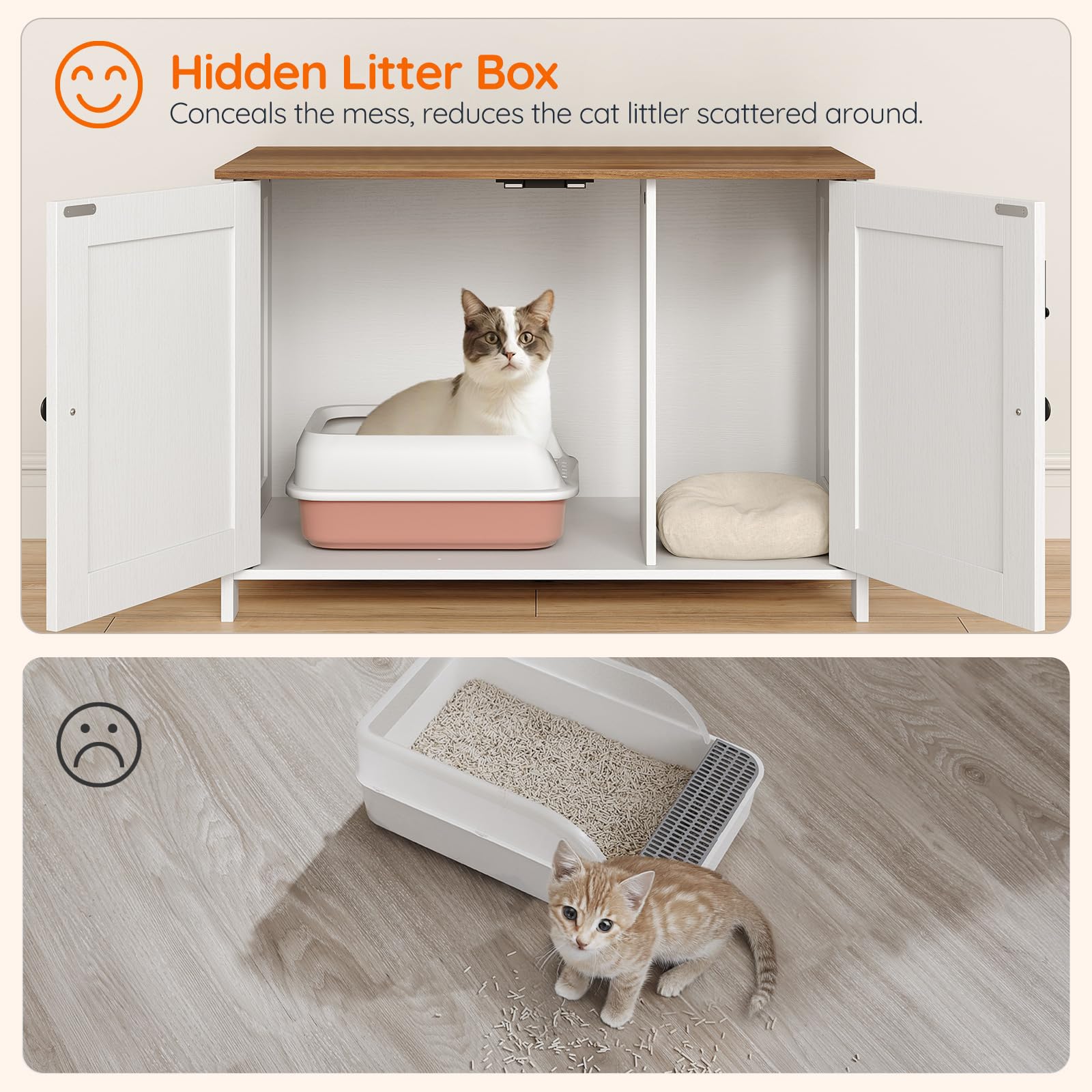 HOOBRO Litter Box Enclosure, Cat Litter Box Furniture with Removable Divider, Large Hidden Litter Box Furniture, Wooden Cat House, End Side Table, 31" L x 17.5" W x 19.7" H, Greige BG03MW01G2