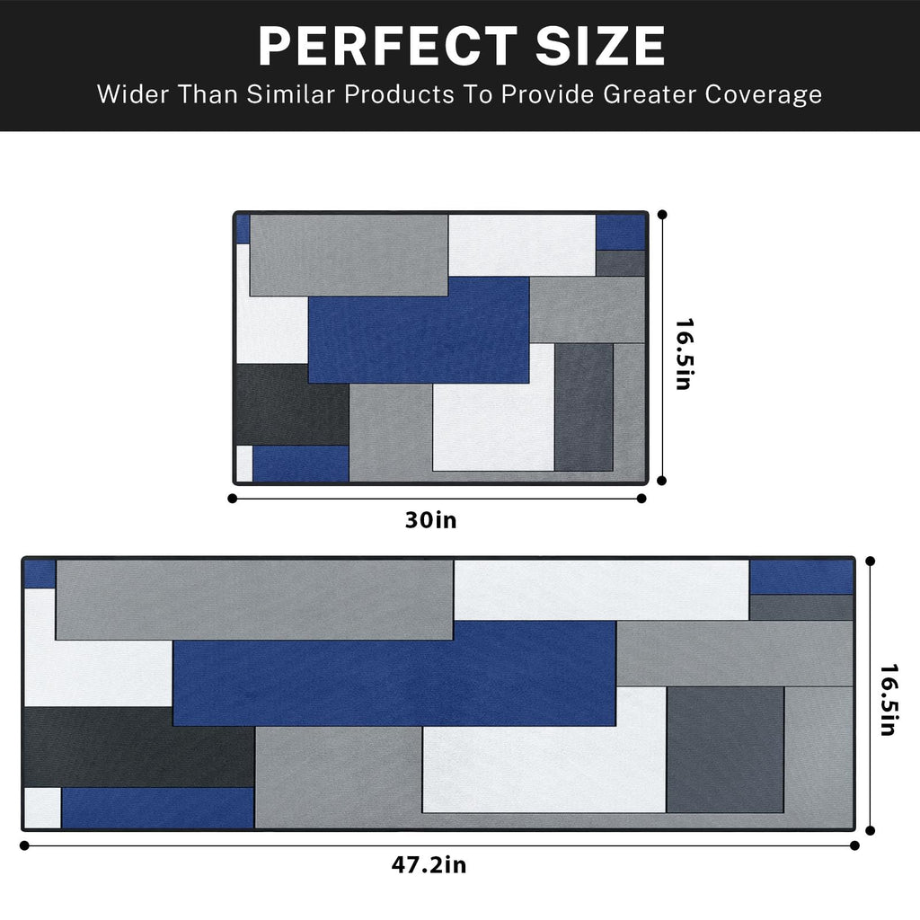 Blue Kitchen Rugs and Mats Non Skid Washable Set of 2, Grey White Modern Abstract Mats for Floor, Geometric Painting Runner Rug Graffiti Art Kitchen Decor