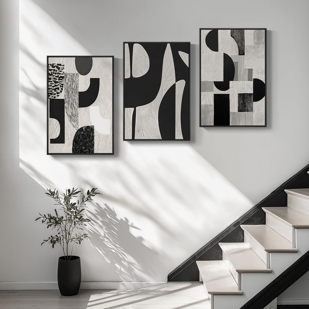 Framed Black and White Modern Abstract Wall Art, 3 Piece Canvas Prints Paintings Artwork for Walls, Minimalist Black White Grey Pictures for Living Room Dining Room Bedroom Office Wall Decor 16x24 In
