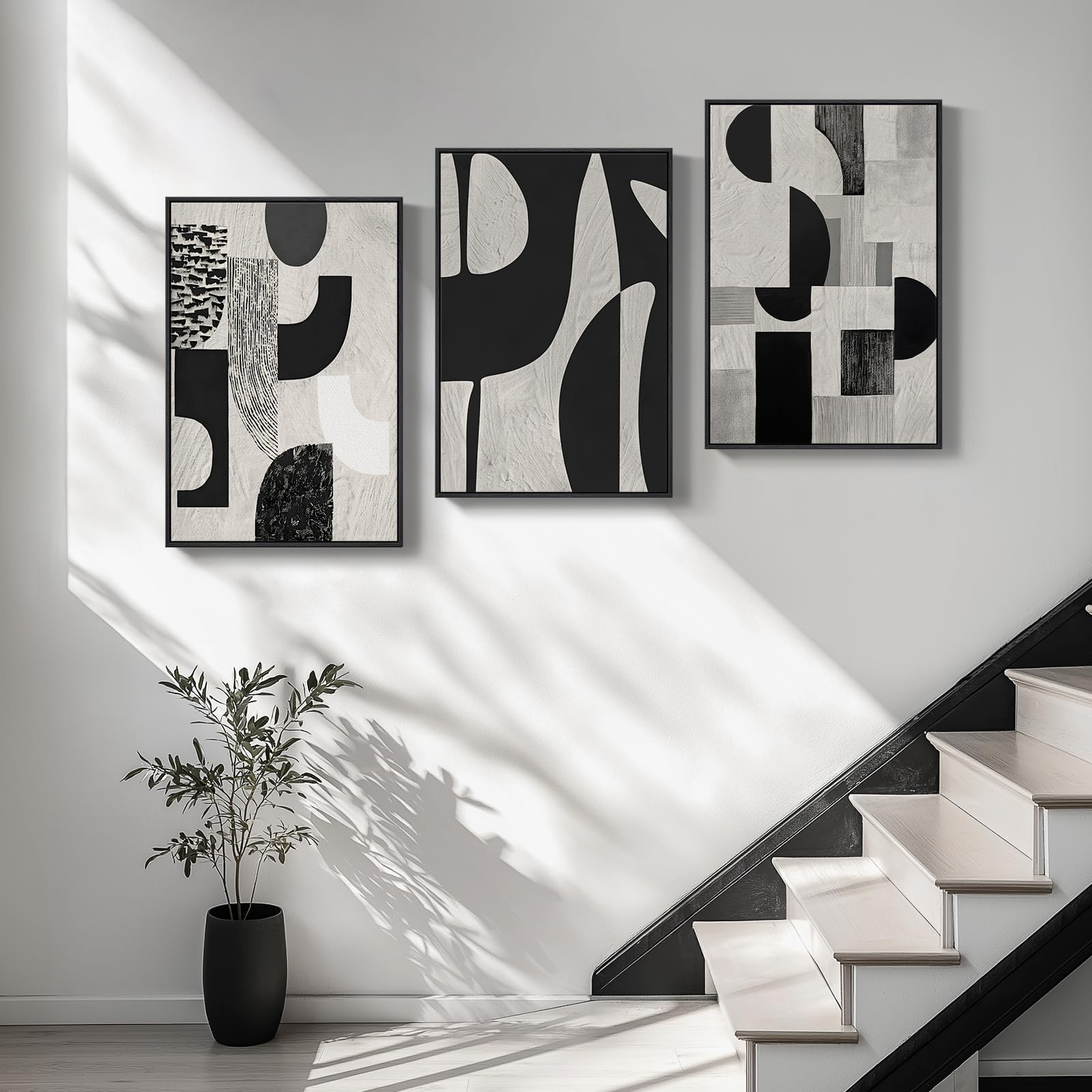 Framed Black and White Modern Abstract Wall Art, 3 Piece Canvas Prints Paintings Artwork for Walls, Minimalist Black White Grey Pictures for Living Room Dining Room Bedroom Office Wall Decor 16x24 In