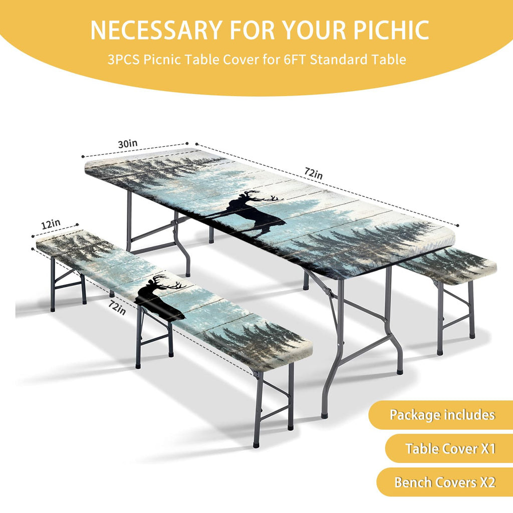 Park Picnic Table Cover with Bench Covers Lightweight Camping Essentials, Oil-Proof Waterproof 3PCS Tablecloth with Elastic, Fitted for Table 6FT Rectangle and Seats, American Flag Eagle (72x30in)