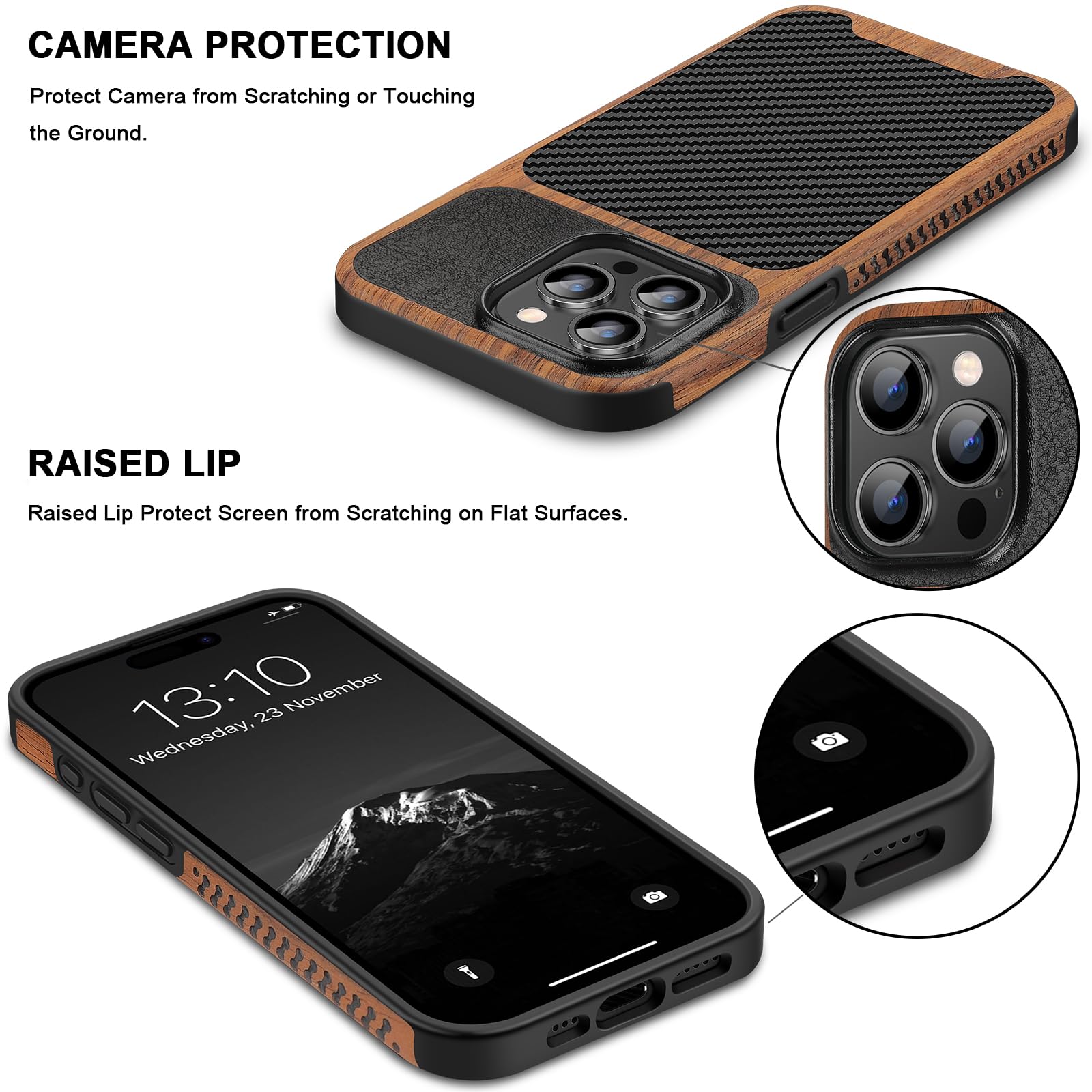 TENDLIN Compatible with iPhone 15 Case Wood Grain with Carbon Fiber Texture Design Leather Hybrid Slim Case (Black)