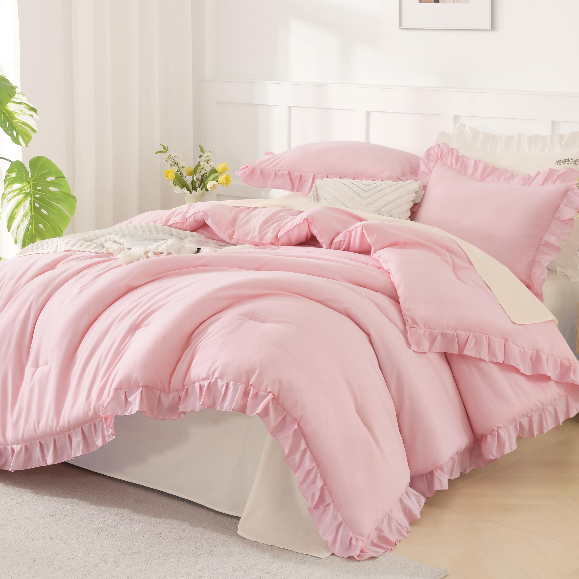 Andency Beige Twin Size Ruffle Comforter, 2 Pieces Farmhouse Shabby Classic Bed Set for Kids, Lighteweight Soft Polyester Bedding Set for Girls(1 Ruffle Comforter and 1 Pillowcase)