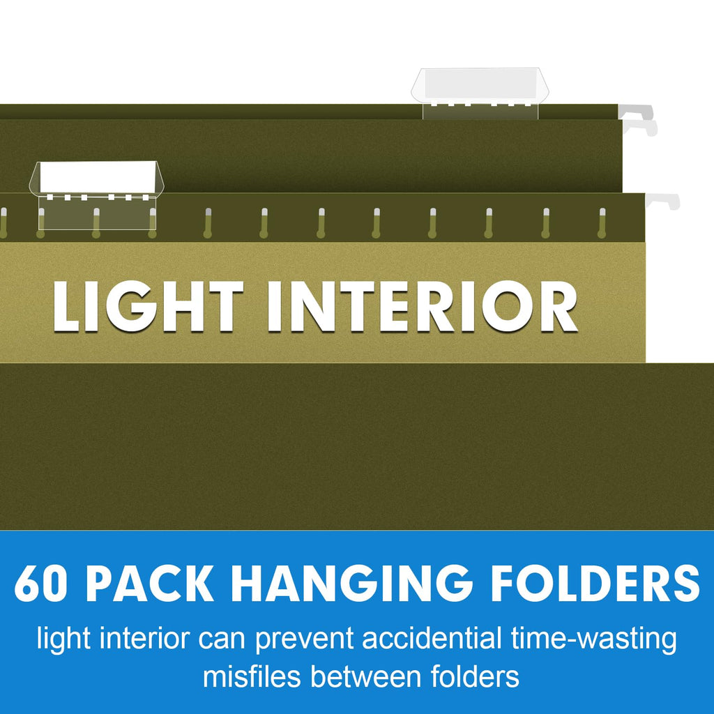 Extra Capacity Hanging File Folders, RAZCC 60 Pack Letter Size Reinforced Hanging Folders with Heavy Duty 1 Inch Expansion for Bulky Files, Filing Cabinet, Adjustable Tabs, Green