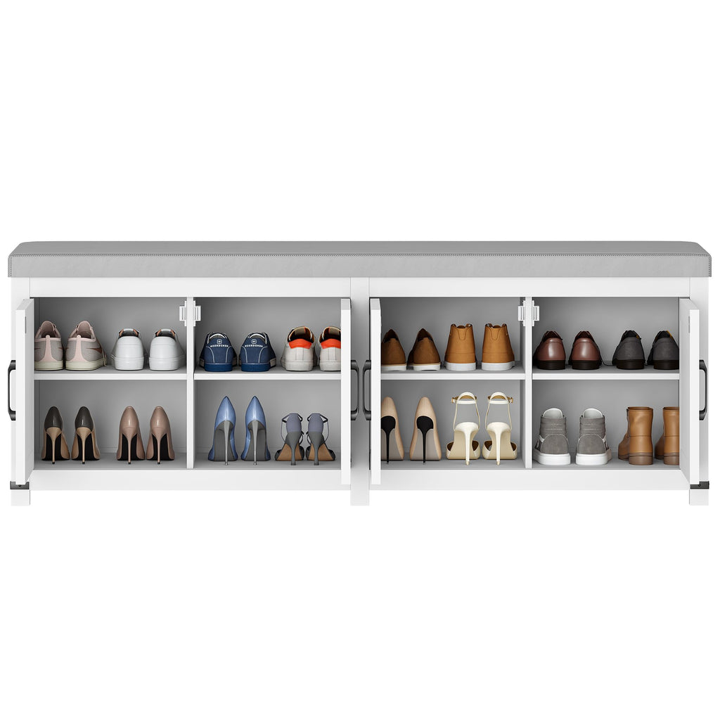 Hzuaneri Shoe Storage Bench, 2 Tier Shoe Bench with Padded Seat Cushion & 2 Barn Doors, Entryway Bench with Adjustable Shelf, Farmhouse Shoe Cabinet for Living Room, Bedroom, Antique White SB26214KA