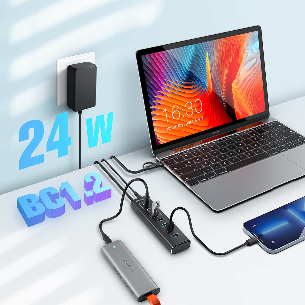 USB Hub 3.0 Powered Rosonway Aluminum 7 Ports USB 3.0 Data Hub Splitter with 24W (12V/2A) Power Adapter and Individual On/Off Switches USB Port Expander for PC and Laptop (RSH-A37S)