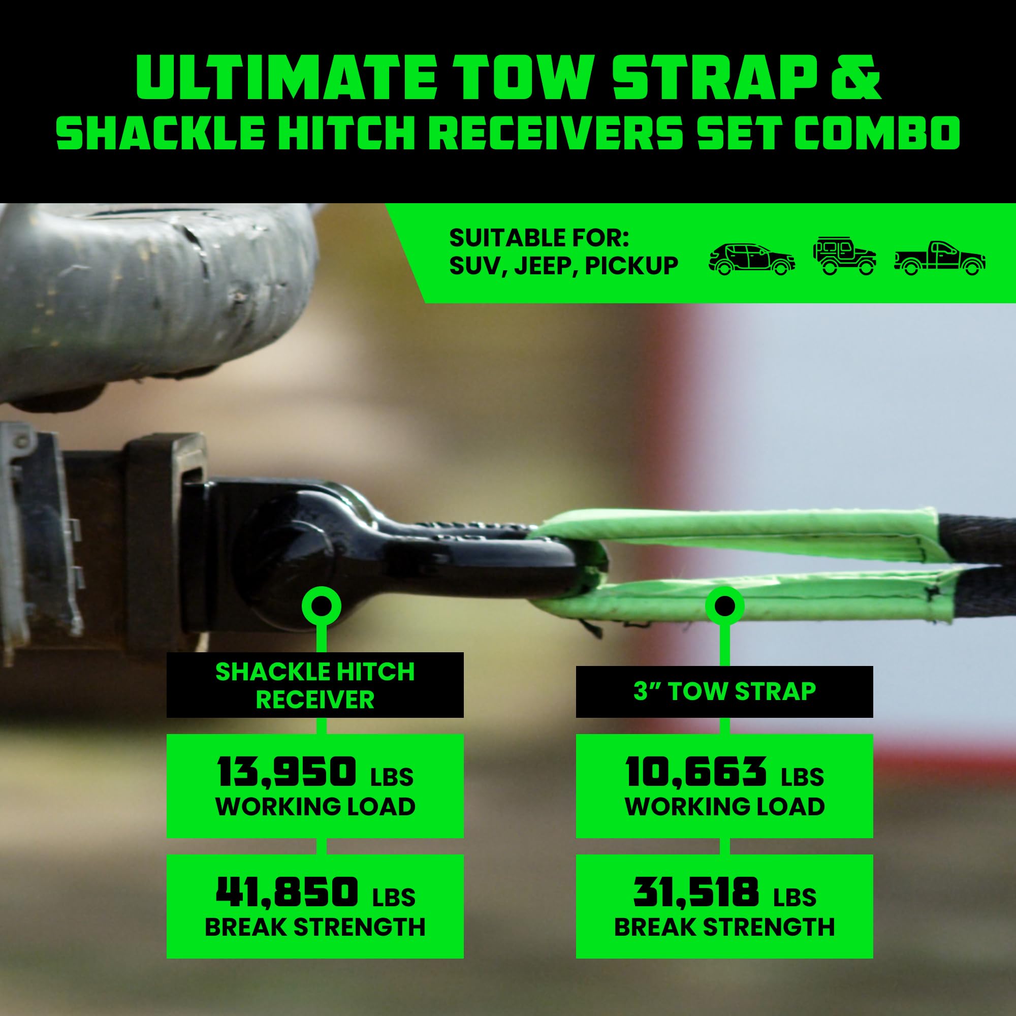 Rhino USA Heavy-Duty Recovery Gear Combos Off-Road Truck Vehicle Recovery, Best Offroad Towing Accessories - Backed for Life (20' Strap + Hitch)