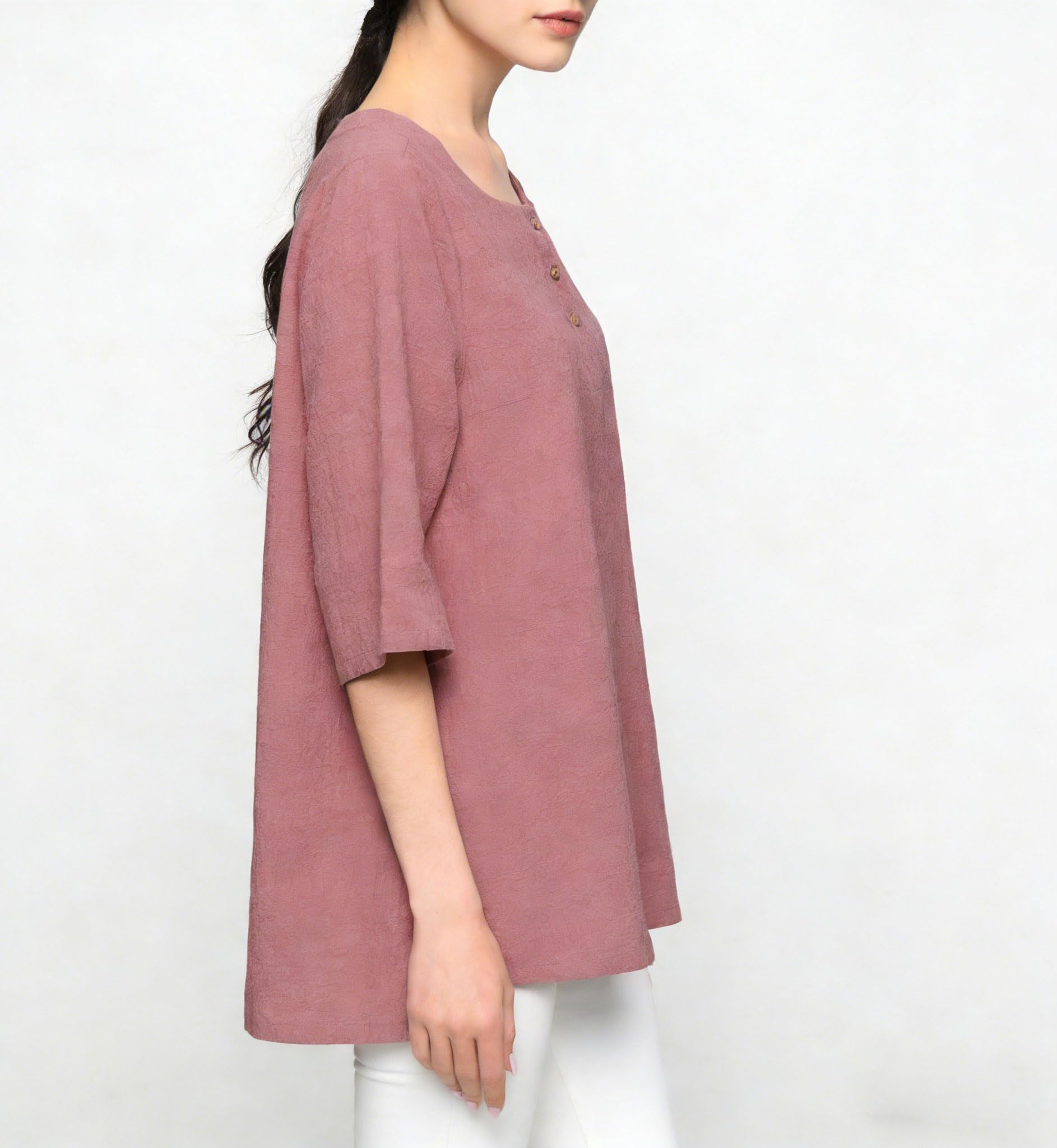 Minibee Women's 3/4 Sleeve Cotton Linen Jacquard Blouses Top T-Shirt