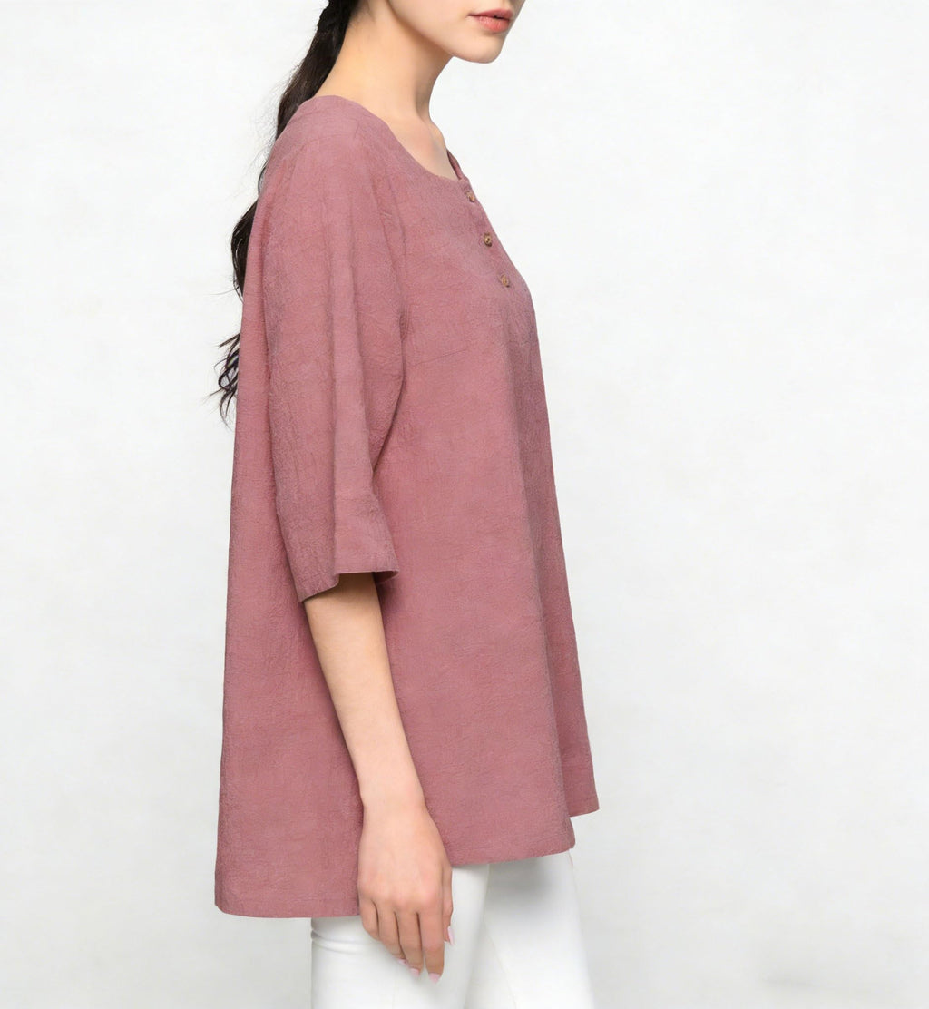 Minibee Women's 3/4 Sleeve Cotton Linen Jacquard Blouses Top T-Shirt
