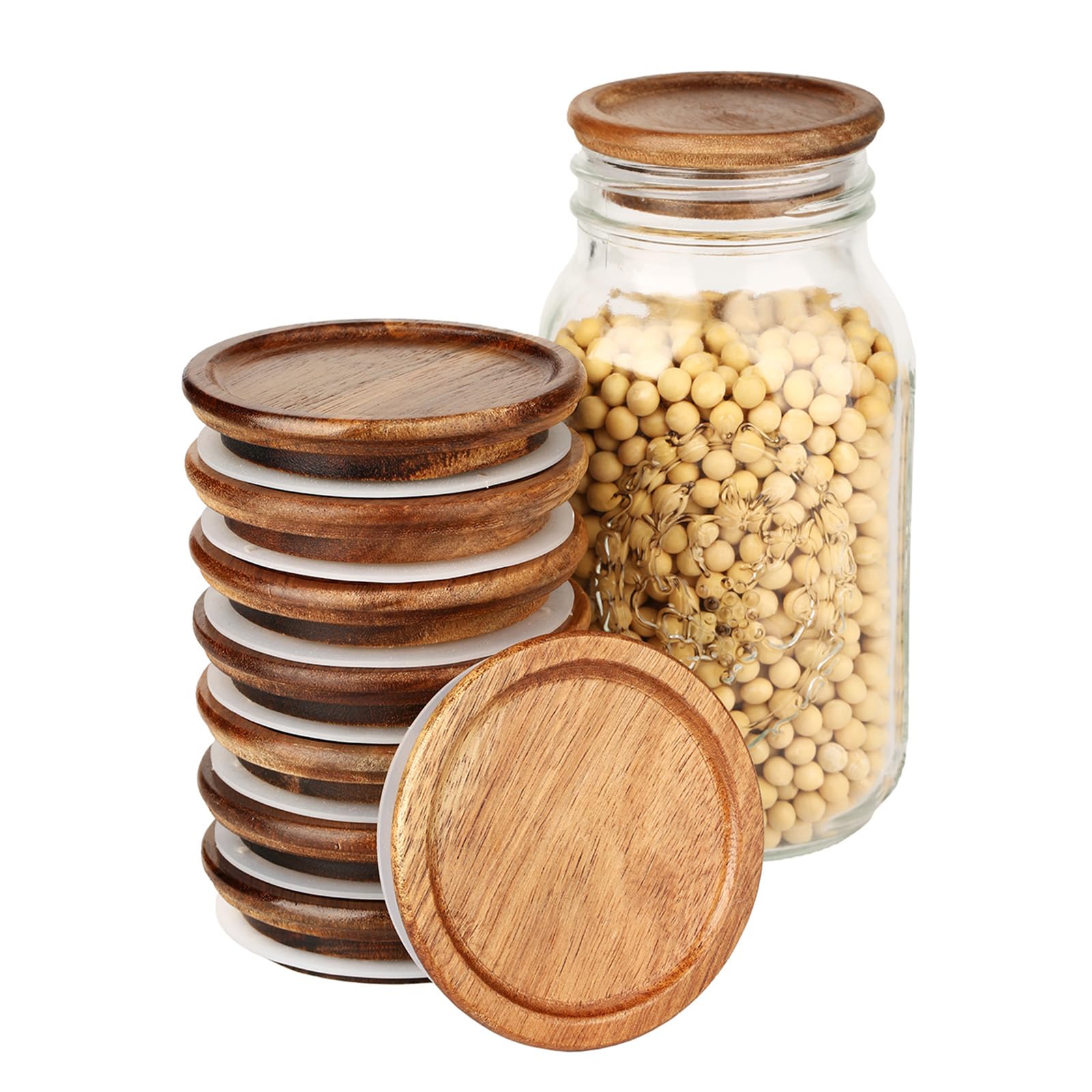 6 Pack Wide Mouth Mason Jar Lids Reusable canning lids Acacia Wooden mason jar Lids with Airtight Silicone Seal, Brown (6PCS Wide Lids)