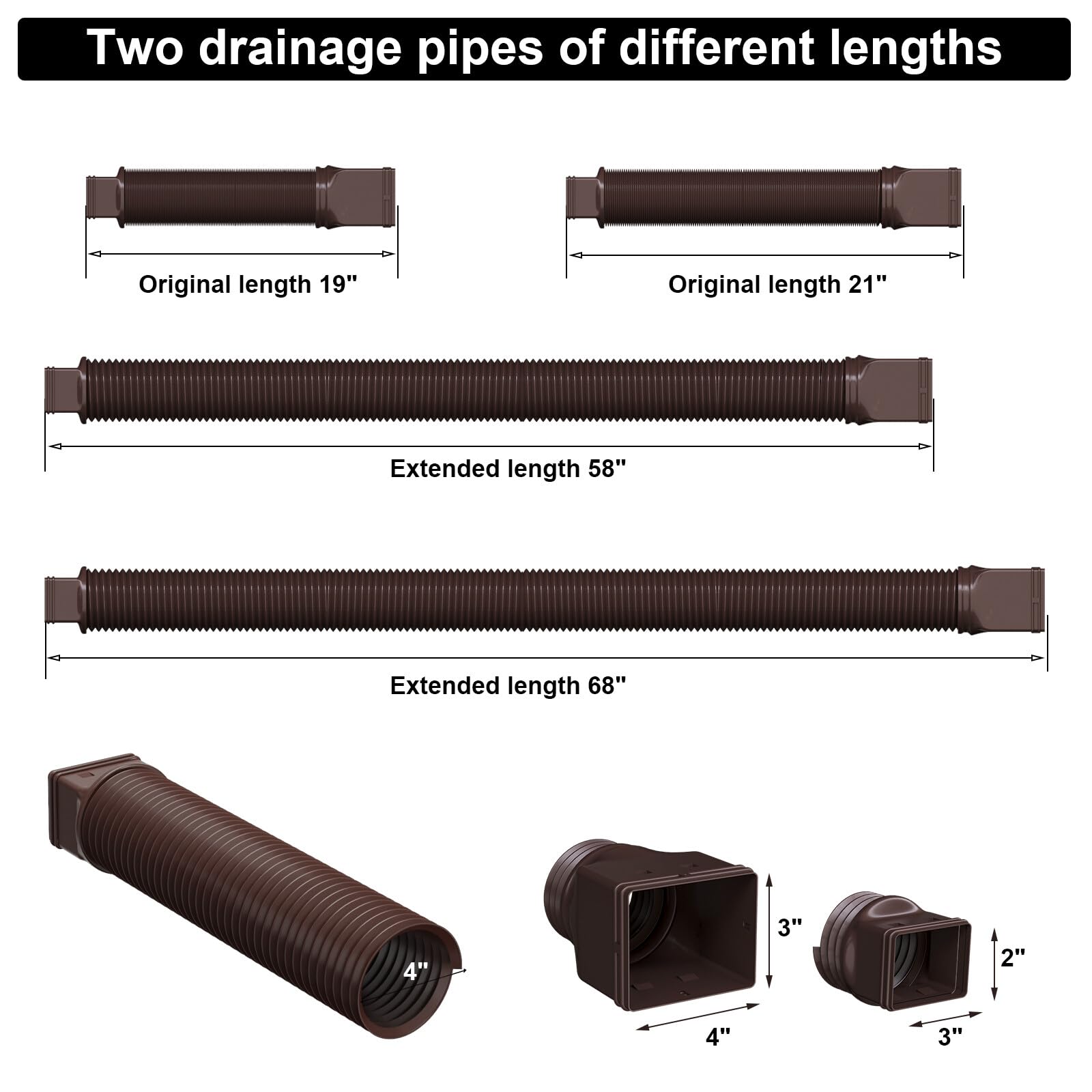 plusgutter 2 Pack Rain Gutter Downspout Extensions, Flexible Downspout Extender with 58"+68" Extendable Pipes for Rain Water Drainage, Durable Down Spout Drain Extension with Connector (Black)