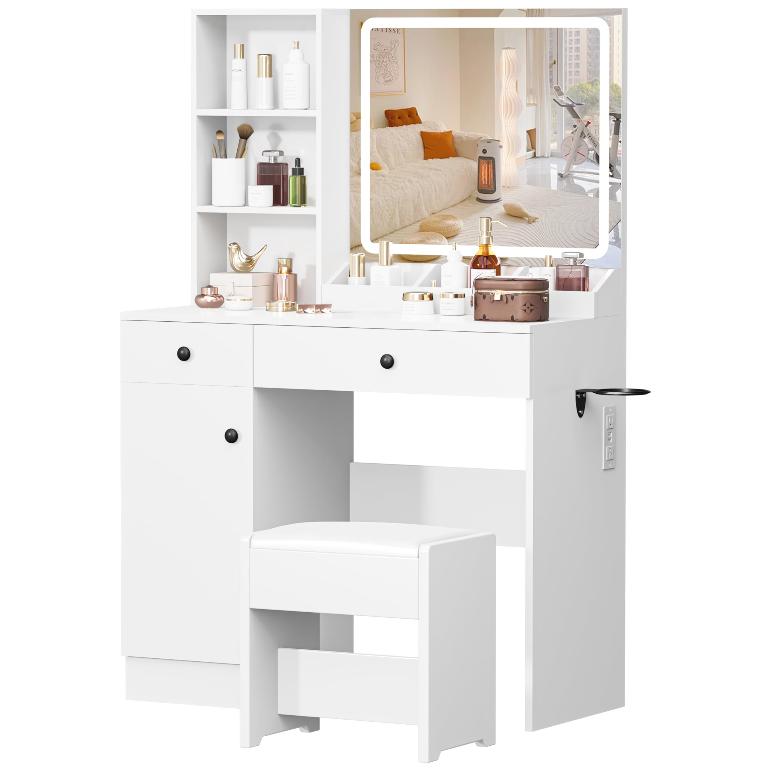 YIKEHOME Makeup Vanity Desk with Mirror and 10 Lights, 3-Colour Hollywood Brighter Bulbs, Vanity Table Set with Large Drawers and and Charging Station for Bedroom Dressing Room White