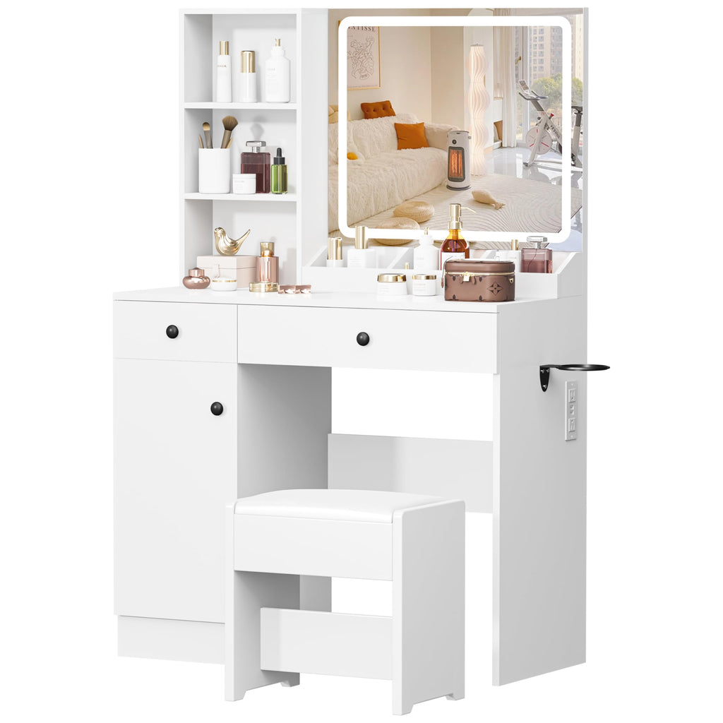YIKEHOME Makeup Vanity Desk with Mirror and 10 Lights, 3-Colour Hollywood Brighter Bulbs, Vanity Table Set with Large Drawers and and Charging Station for Bedroom Dressing Room White