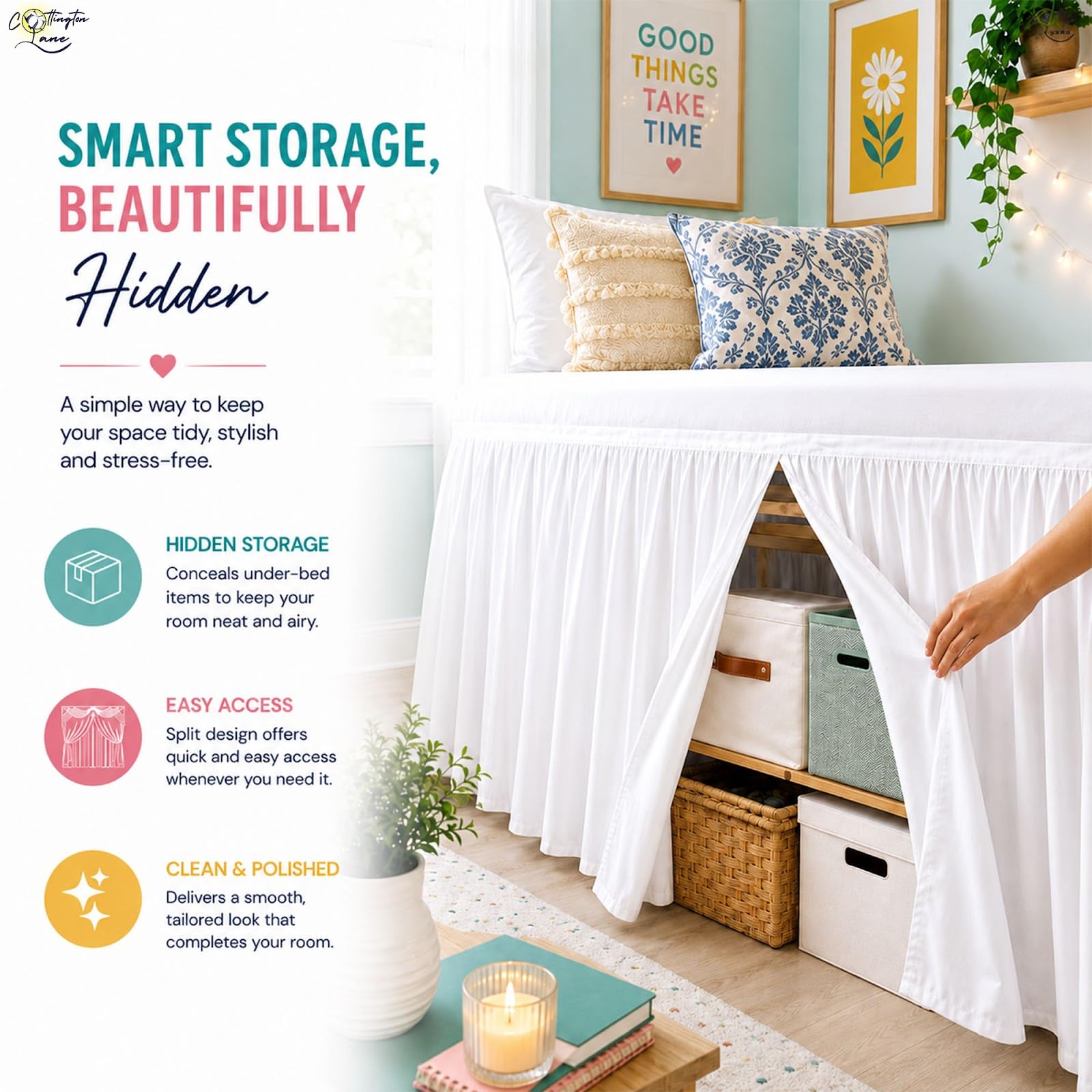 Cottington Lane Ruffled Dorm Room Bed Skirt Twin XL 25 Inch Drop, Hotel Quality Premium Brushed Microfiber Twin Extra Long College Dust Ruffle, White