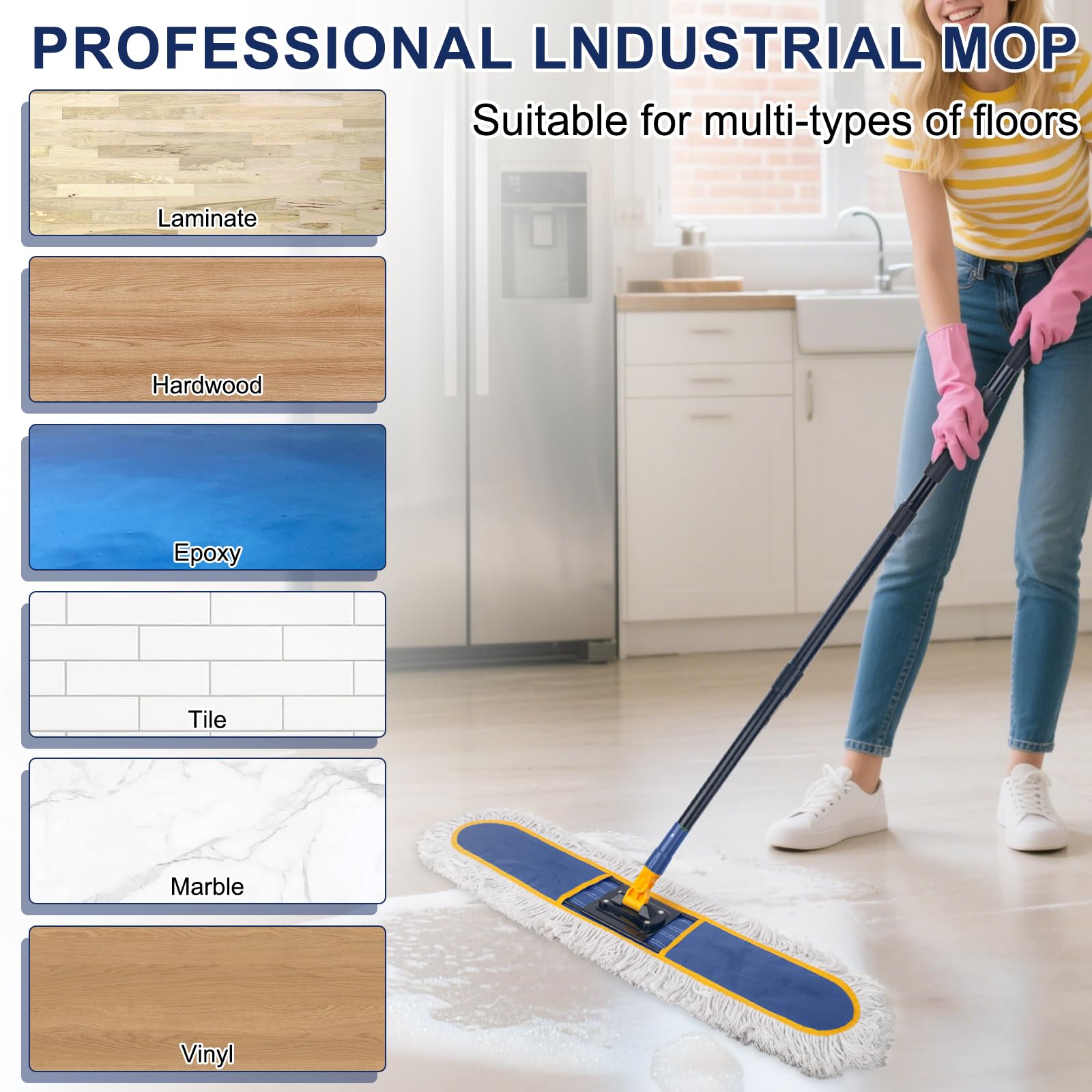 KeFanta 36" Commercial Dust Mops for Floor Cleaning,Industrial Dry Mop with Heavy Duty Long Handle,Large Cotton Reusable Mop Head,for Hardwood,Tile,Concrete,Laminate,Garage Floors(Blue)