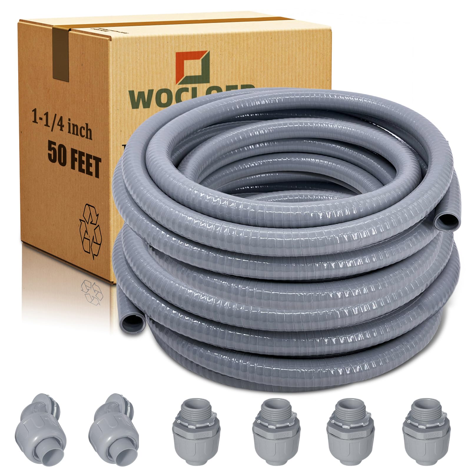Liquid-Tight Conduit, 1-1/4 inch 25 Foot Flexible Non Metallic Electrical Conduit and Connector Kit,With 4 Straight and 2 Angle Fittings