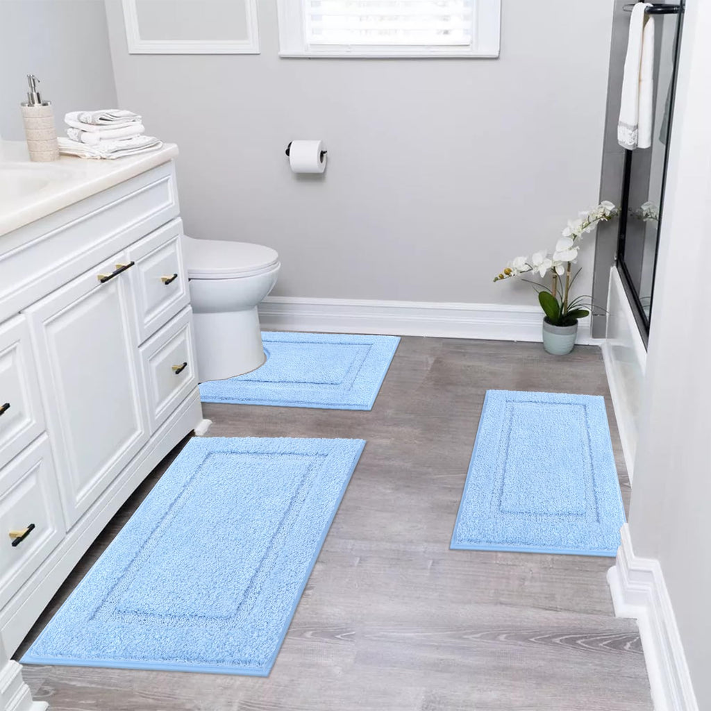 SHACOS Black Bathroom Rugs Sets 3 Piece, 16"x24" + 20"x32" Non Slip Bath Mat and 20"x24" Toilet Rugs U Shaped Washable, Soft Fluffy Water Absorbent Bath Rugs for Bathroom
