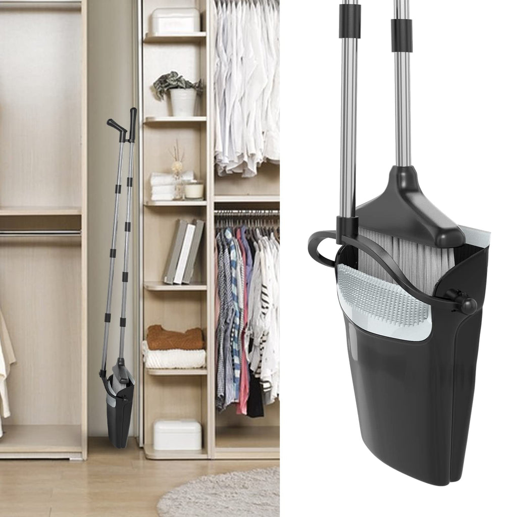 Broom with Dustpan Combo Set 54” Long Handle Household Dust Pan for Home Office Kitchen Cleaning （Black & Grey）