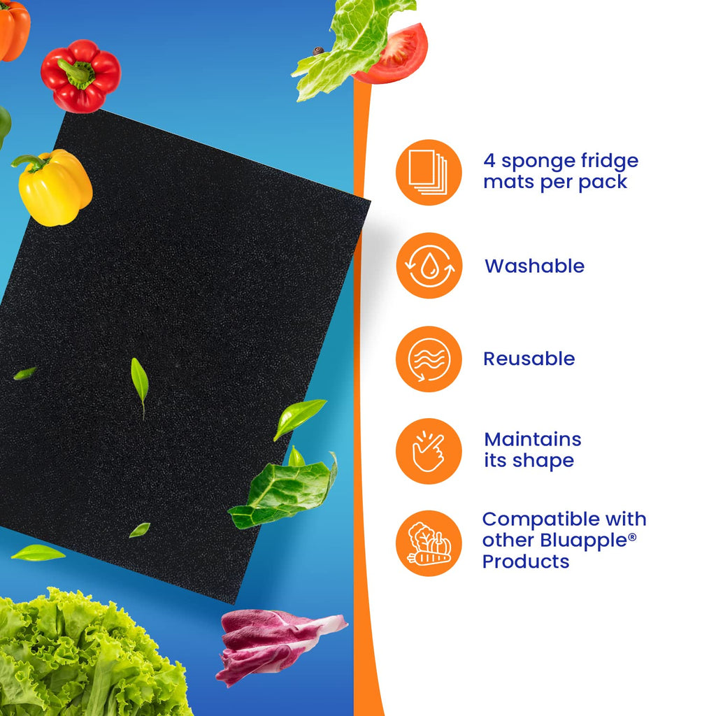 Bluapple FreshMats, Refrigerator Bin Liner, Fridge Drawer Mats, Crisper Life Extender Liner Keeps Produce Fresh Longer, Anti-Bruising, for Air Circulation, Washable & Reusable (4-Mats, 12x15, Black)