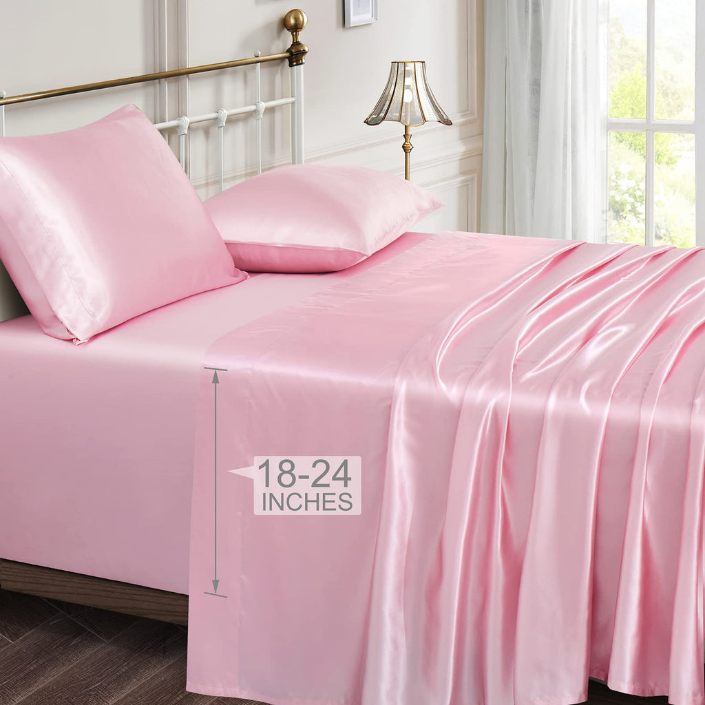 Vonty Extra Deep Pocket Full Sheet Sets - Cooling & Silky Satin Full Size Sheets with 18-24 Inch Deep Pocket, Black Satin Bed Sheets Fit Up to 24" Deep Mattress - 4 Piece Set