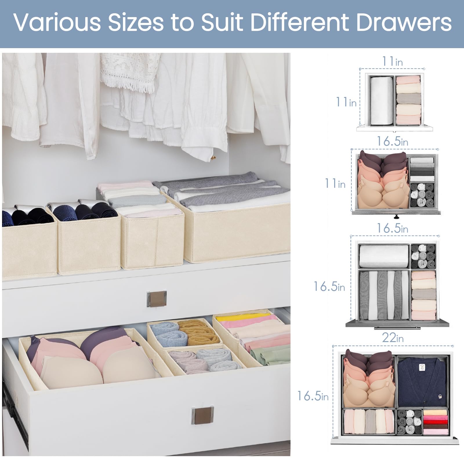 Criusia Drawer Organizer Clothes, 8 Pack Underwear Drawer Organizer, Foldable Cloth Storage Box Closet Organizers and Storage for Clothes, Socks, Scarves, Ties (Beige)