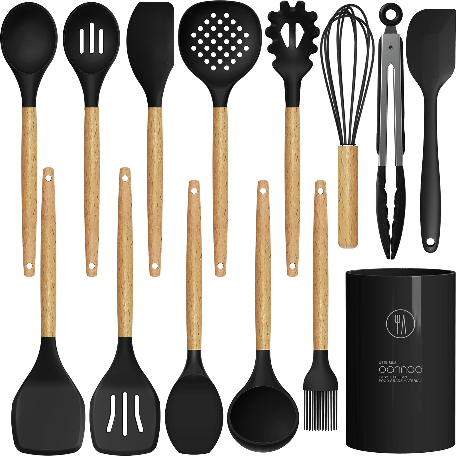 oannao Silicone Cooking Utensils Set - 446°F Heat Resistant Silicone Kitchen Utensils for Cooking,Kitchen Utensil Spatula Set w Wooden Handles, BPA FREE Gadgets for Non-Stick Cookware (Black)