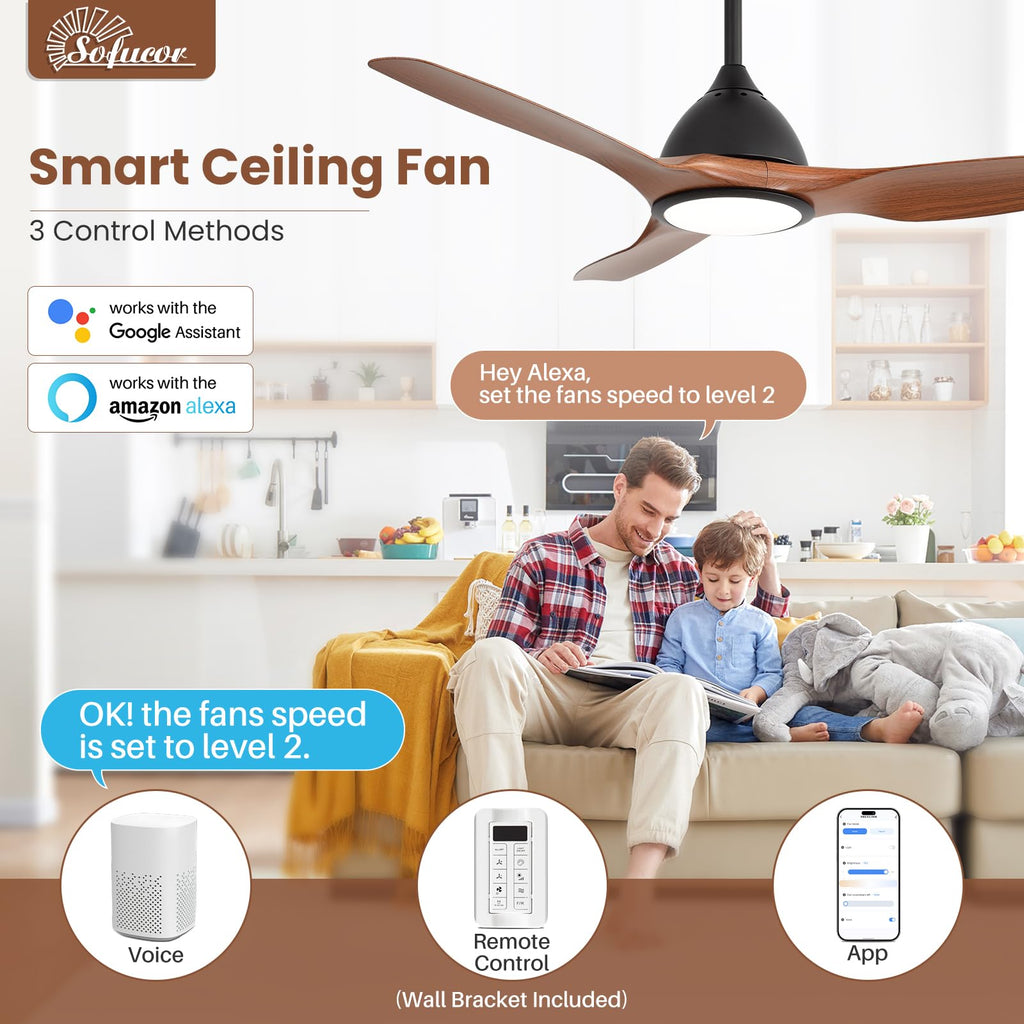 Sofucor 52 Inch Outdoor Ceiling Fans with Lights, Modern Ceiling Fan with 3 Plastic Blade, Quiet, Dimmable, High 7000CFM 6-Speed 3-Timer Reversible DC Motor, for Bedroom Living Room, ETL, Black