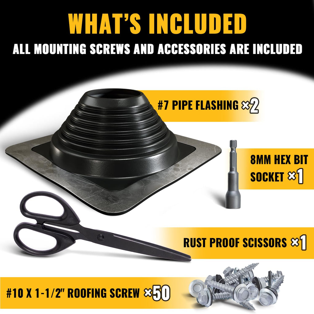 VIVIDA #1 Metal Roof Pipe Flashing, Metal Roofing Pipe Boot Kit, High Temp Silicone Vent Boot, for Tube OD 1/4" to 2", Square Base, Screws & Hex Socket Included, 1 Pack, Black
