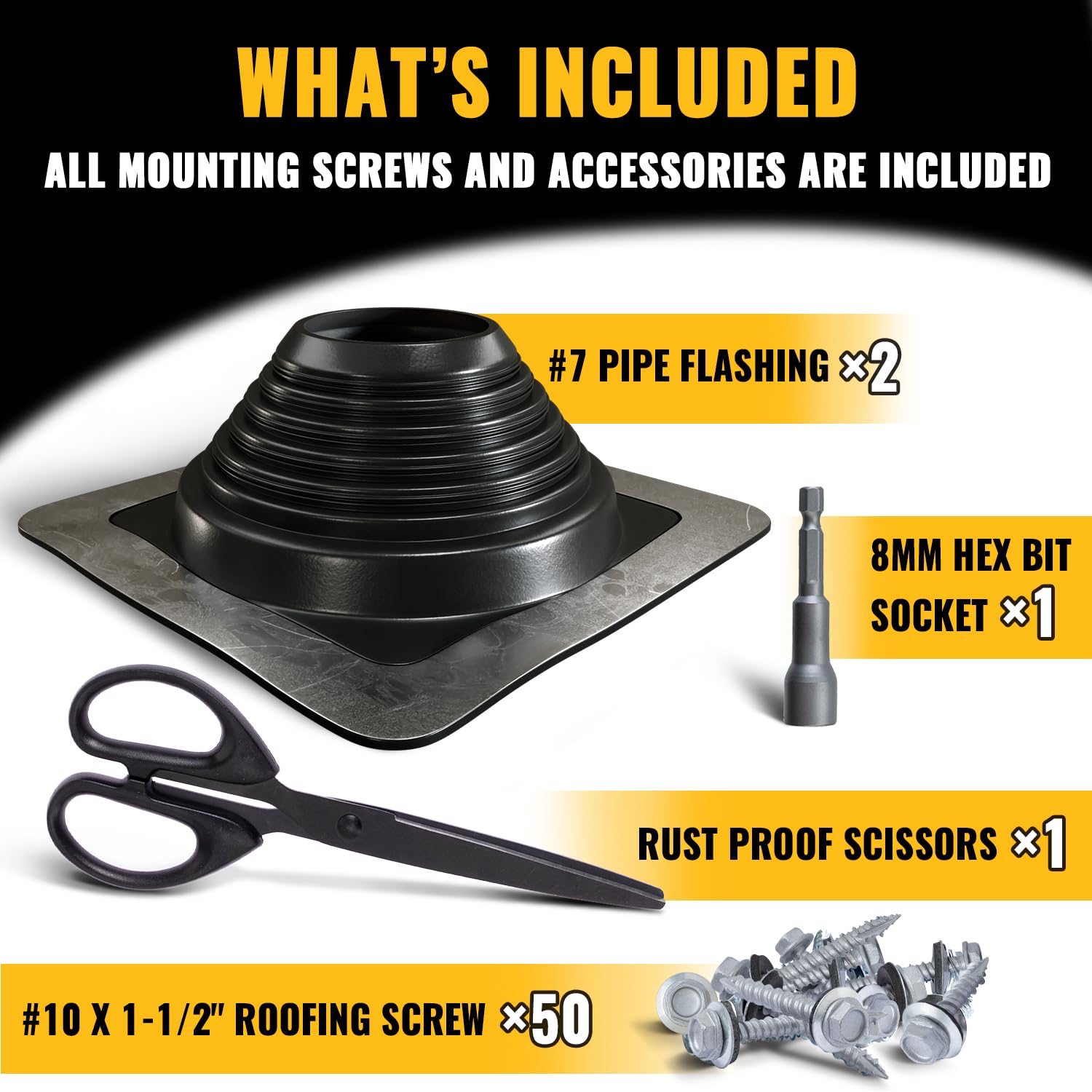 VIVIDA #1 Metal Roof Pipe Flashing, Metal Roofing Pipe Boot Kit, High Temp Silicone Vent Boot, for Tube OD 1/4" to 2", Square Base, Screws & Hex Socket Included, 1 Pack, Black
