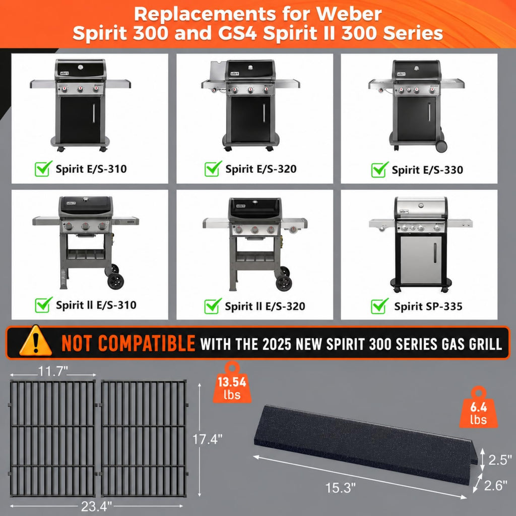 Grill Parts for Weber Genesis 300 Grills with Front Control Knob, Grill Grates for Genesis E310 S310 E/S320 E/S330, 17.5" Flavorizer Bars&Heat Deflectors, 19.5" Grill Grates for Weber 7524 7621 65505