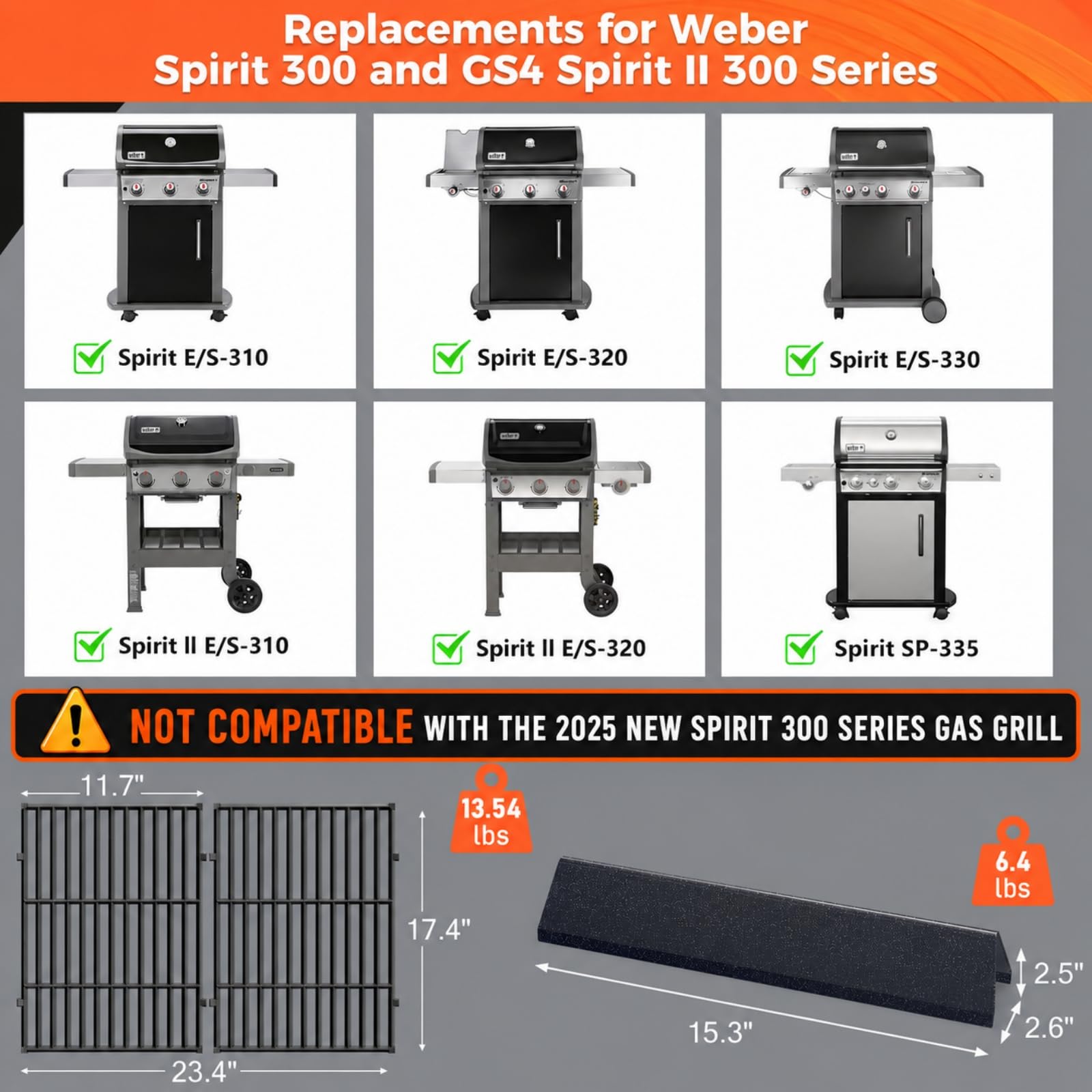 Grill Parts for Weber Genesis 300 Grills with Front Control Knob, Grill Grates for Genesis E310 S310 E/S320 E/S330, 17.5" Flavorizer Bars&Heat Deflectors, 19.5" Grill Grates for Weber 7524 7621 65505