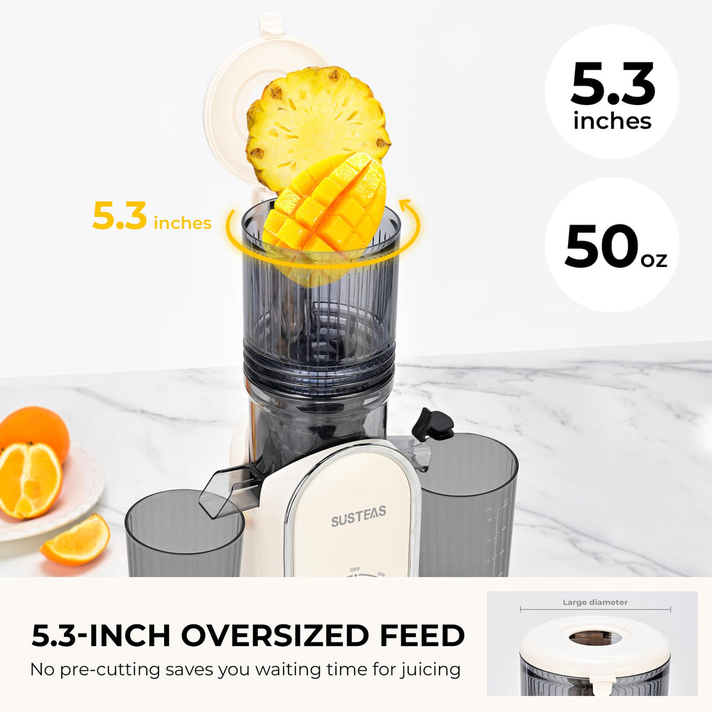 SUSTEAS Cold Press Juicer, 5.3" Feed Chute Slow Masticating Machines with 300W, Fit Whole Fruits & Vegetables, High Juice Yield, Easy to Clean, White