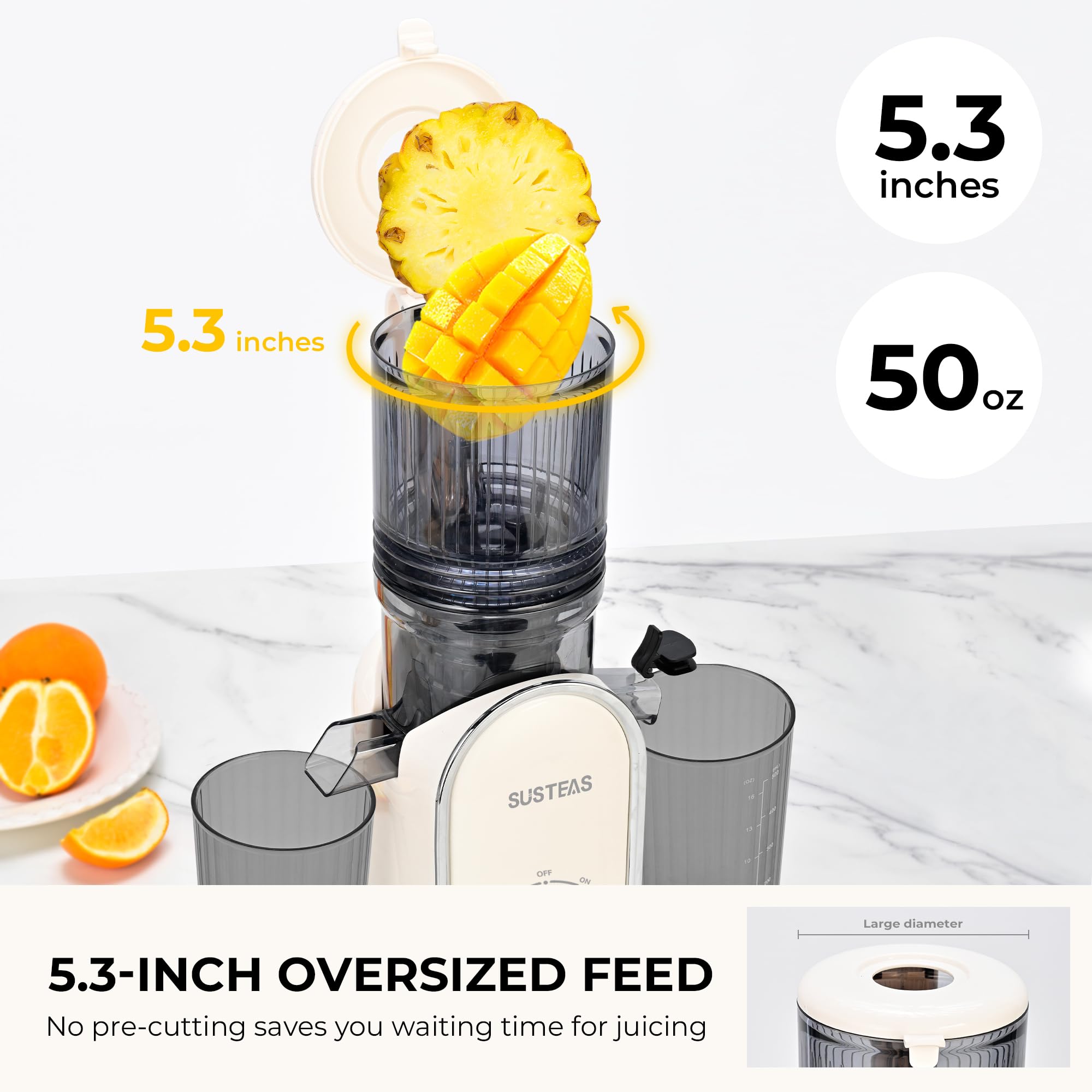 SUSTEAS Cold Press Juicer, 5.3" Feed Chute Slow Masticating Machines with 300W, Fit Whole Fruits & Vegetables, High Juice Yield, Easy to Clean, White
