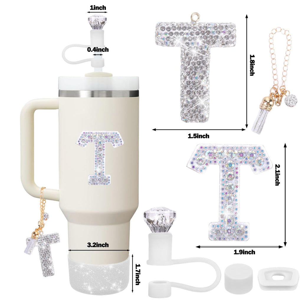 Mity rain Accessories Set for Stanley Cup, Initials Decorations for Tumbler Cup 30/40OZ, Including Diamond Straw Topper/Spill Proof Stopper/Sparkly Silicone Boot Set/Letter Charms for Handle A-Z (A-)