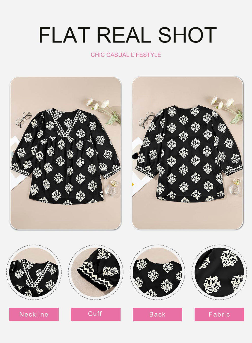 SHEWIN Women's Casual V Neck Floral Print Chiffon Blouses 3/4 Sleeve Boho Summer Tops Shirts