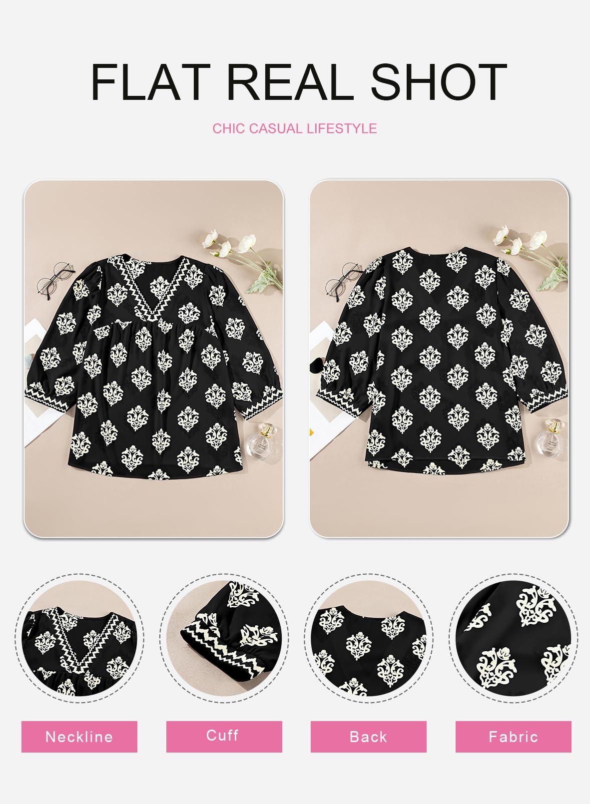 SHEWIN Women's Casual V Neck Floral Print Chiffon Blouses 3/4 Sleeve Boho Summer Tops Shirts