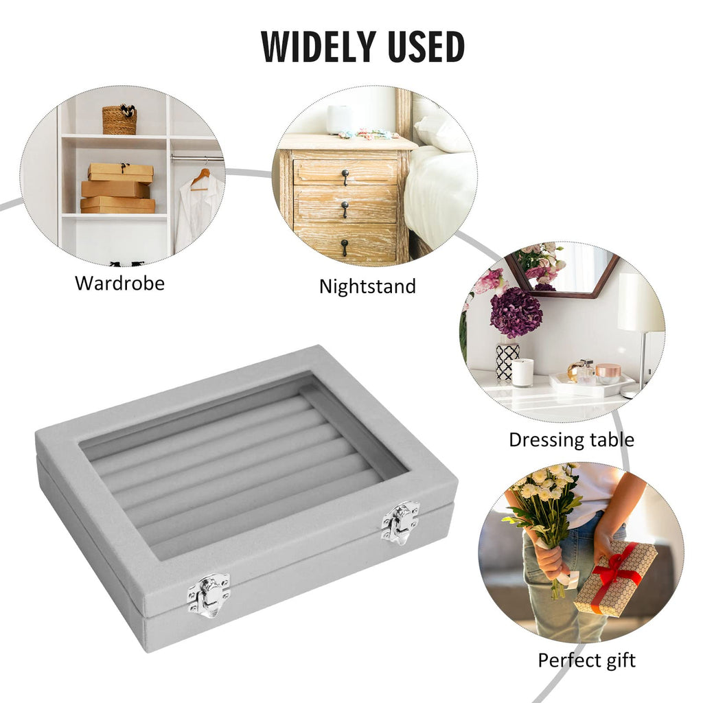 Vicoter Rings Organizer Tray 7 Slots Velvet Jewelry Earring Storage Box with Transparent lid Jewelry Display Case for Girls Wife Mom Women (Beige)