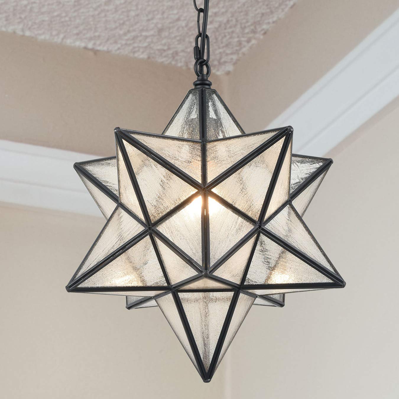 14'' Moravian Star Pendant Light Seeded Glass Star Lights with Adjustable Hanging Chain Light for Kitchen Bedroom Dining-Dimmable