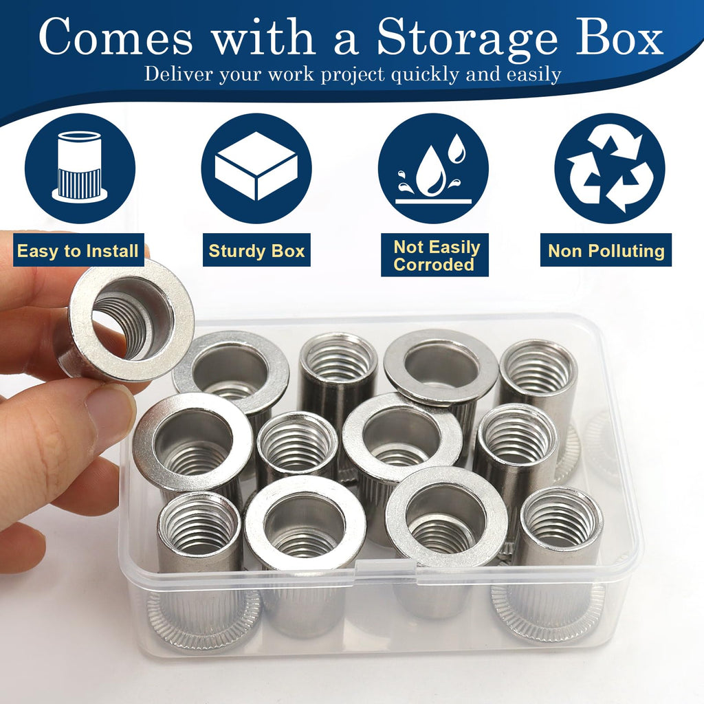 1/2''-13 UNC Rivet Nut, 10Pcs 304 Stainless Steel Flat Head Rivnut Threaded Insert Nutsert
