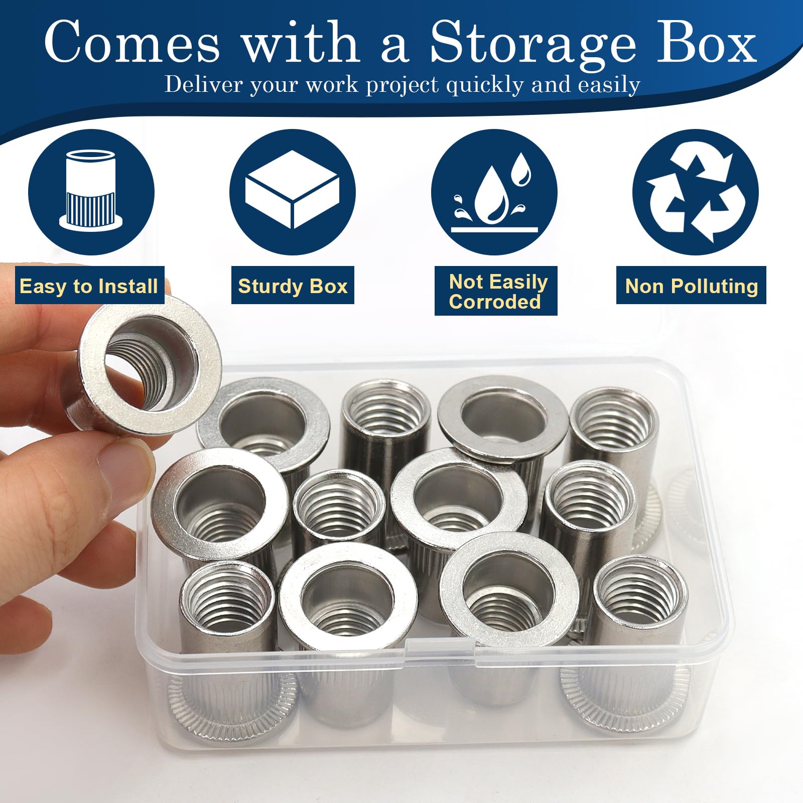 1/2''-13 UNC Rivet Nut, 10Pcs 304 Stainless Steel Flat Head Rivnut Threaded Insert Nutsert