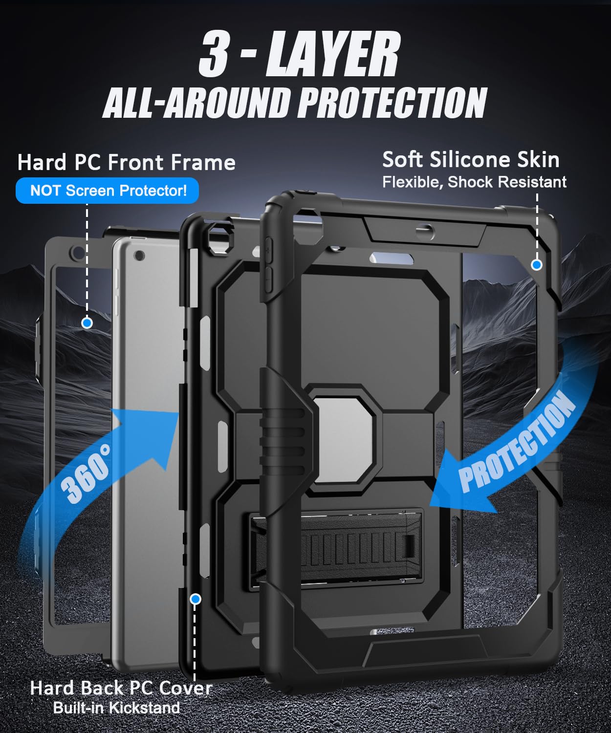 OKP Case for iPad 9th/ 8th/ 7th Generation (2021/2020/2019), Heavy Duty 10.2 inch iPad Shockproof Rugged Protective Cover with Built-in Stand, Hard iPad 9 8 7 Gen Cases for Kids Girls Boys, Black