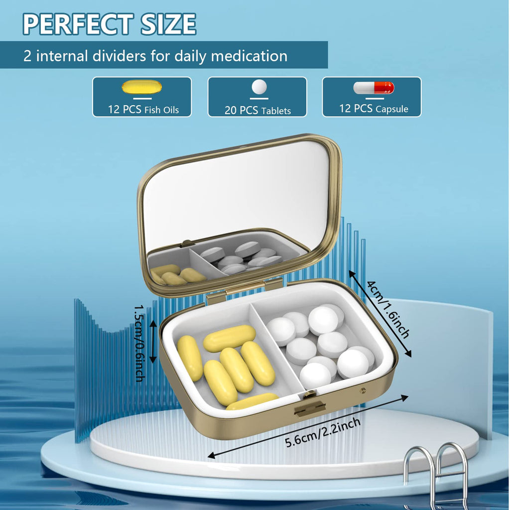 Pill Case Pill Box with Mirror Retro 2 Compartment Small Pill Case for Purse or Pocket Bronze Rectangular Pill Box or Vitamins, Fish Oil, Supplements, Pill Containe Travel Gifts（Retro Red Flowers）