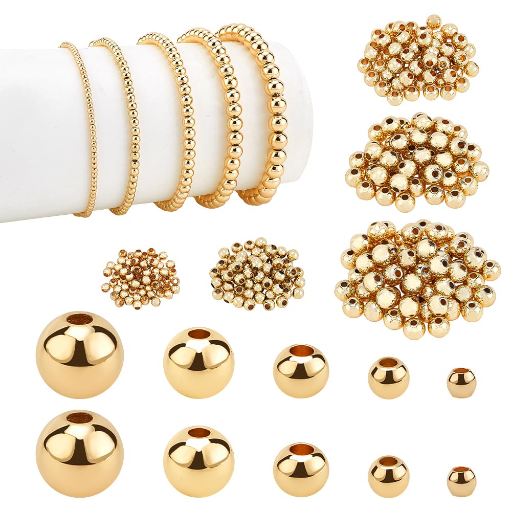 PH PandaHall 14K Gold Plated Spacer Beads, 300pcs Round Brass Beads 5 Size Metal Smooth Beads Seamless Ball Beads Long-lasting Little Beads for Summer Bracelet Necklace Jewelry DIY Crafts(2/3/4/5/6mm)