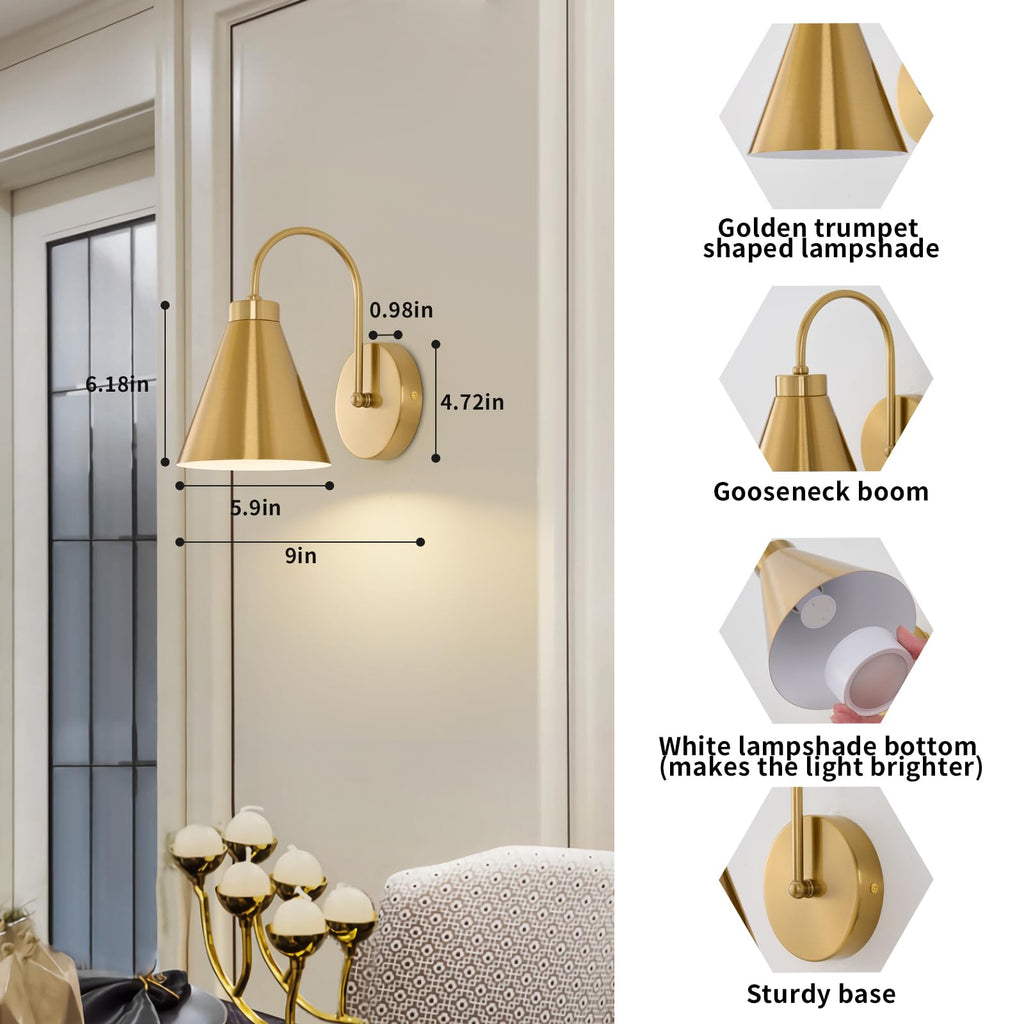 Powfloven Vintage Rechargeable Wall Sconces Set of 2, Battery Operated Bedside Wall Lamps with Remote Control, Wireless Gooseneck Indoor LED Lights Fixture for Bedroom Hallway, Black
