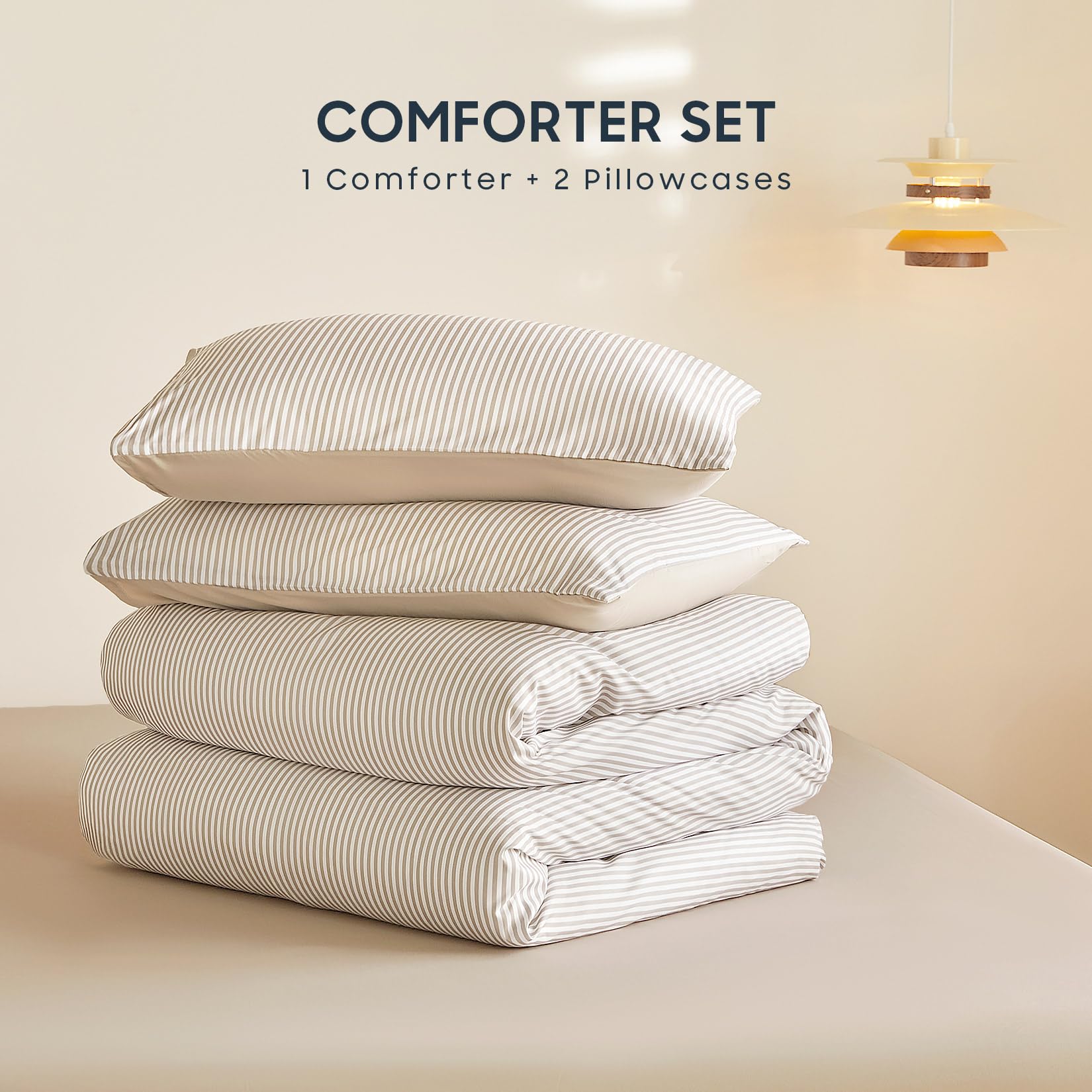 Wake In Cloud - Striped Comforter Set, Ticking Stripe Vertical Pinstripe Neutral Farmhouse Pattern Printed, Soft Lightweight Bedding, 3 Pieces, Blue White, Twin/Twin XL Size