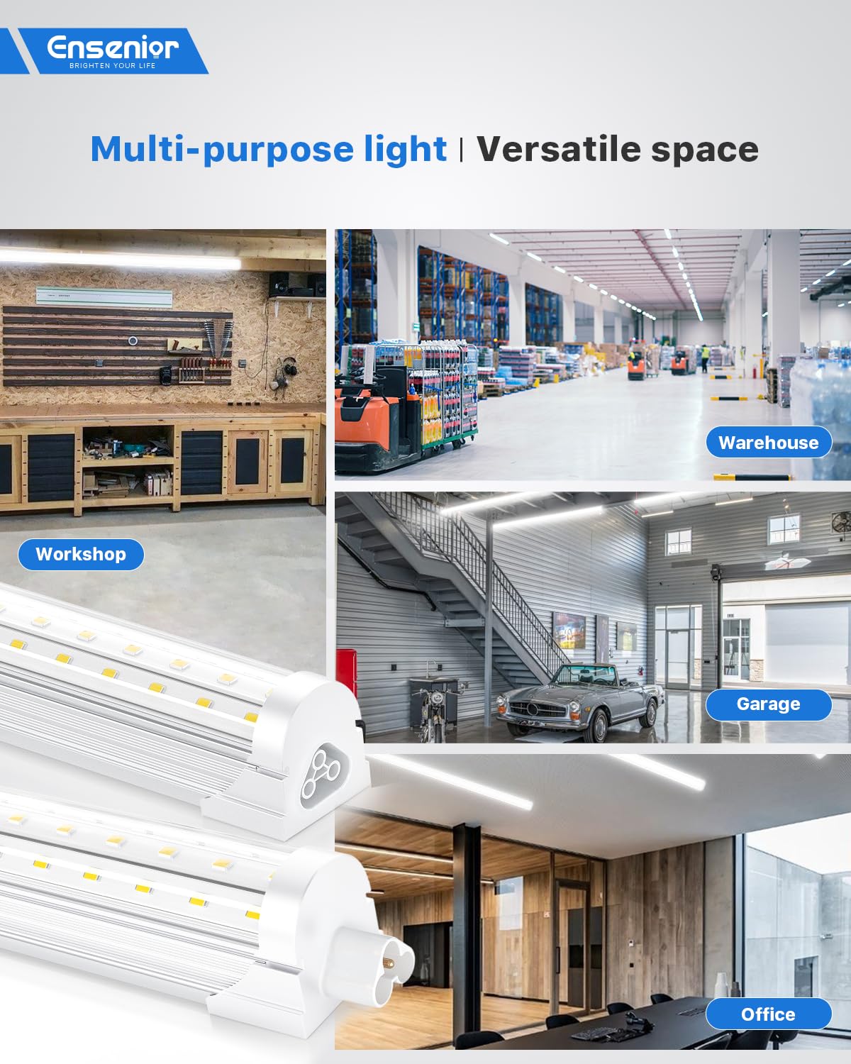 Ensenior 4FT LED Shop Lights - 5000LM 6000K Ultra Bright Daylight, T8 Commercial Bay Lighting, LED Lights for Garage/Shop/Basement, 36W (139 LM/W), Linkable, Plug & Play, ETL & FCC Certified, 4 Pack