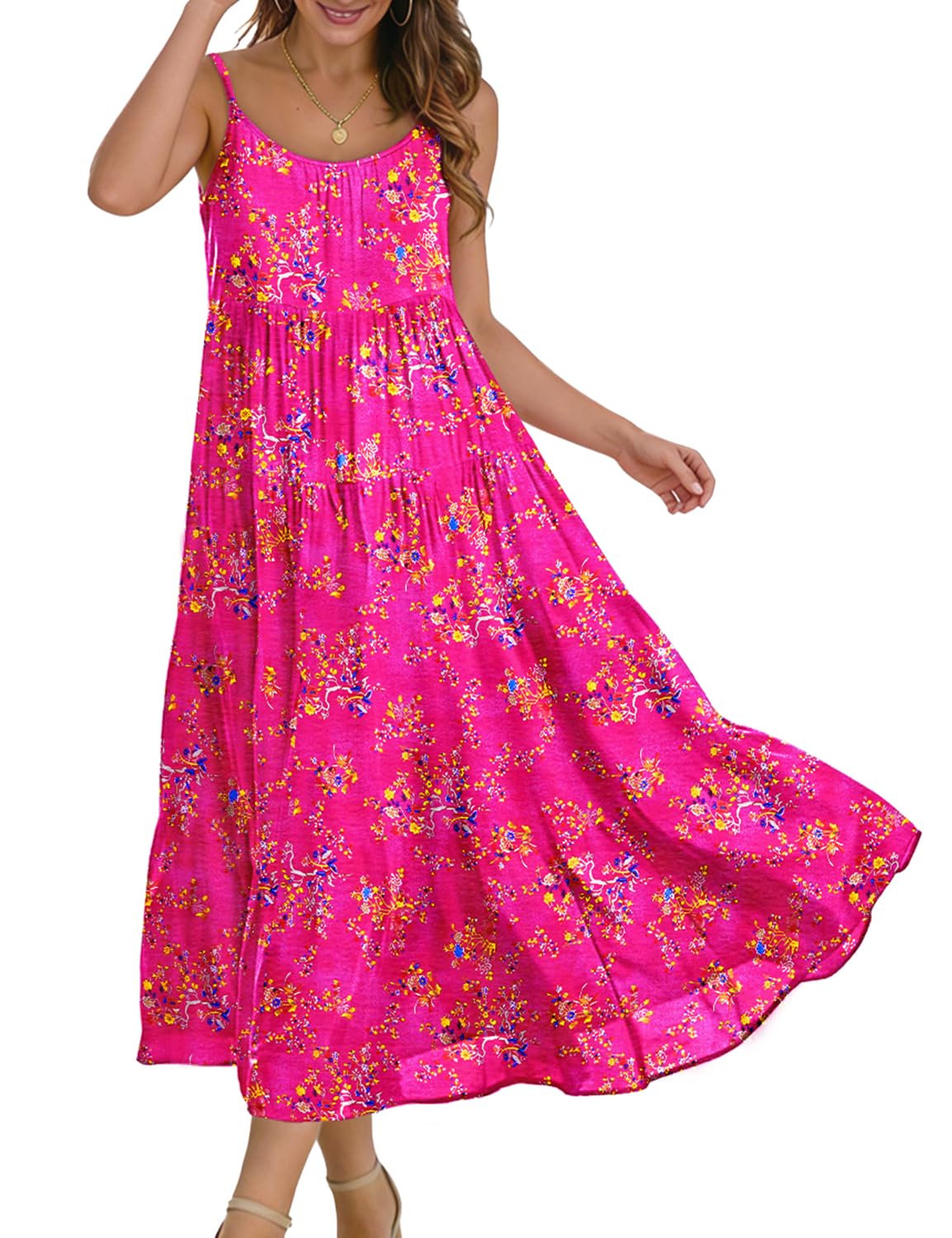 YESNO Summer Bohemian Floral Dresses for Women Spaghetti Straps Maxi Dress Casual Flowy Dresses with Pockets ES0