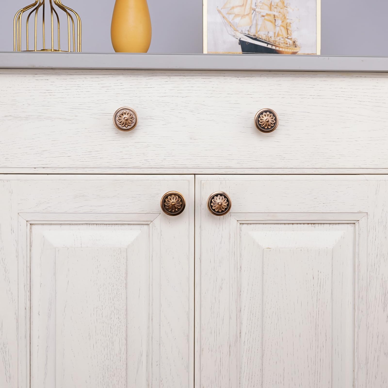 4 Pack Antique Brass Cabinet Knobs Vintage,1-2/5" Round Antique Kitchen Handles for Cabinets and Drawers Vintage Brass Dresser Drawer Knobs
