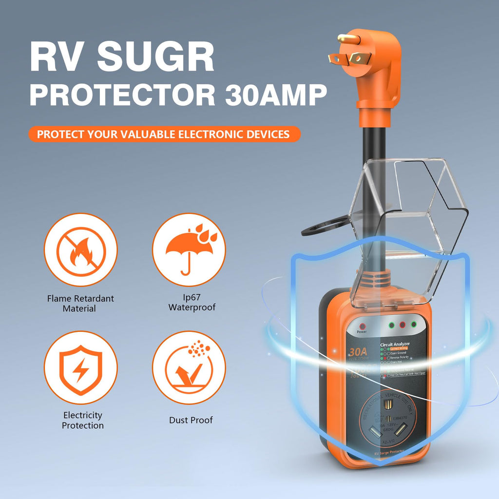 RV Surge Protector 30 Amp, 10000 Joules RV Circuit Analyzer with Waterproof Cover,RV Adapter Plug for Camper Travel Trailers (30 AMP)