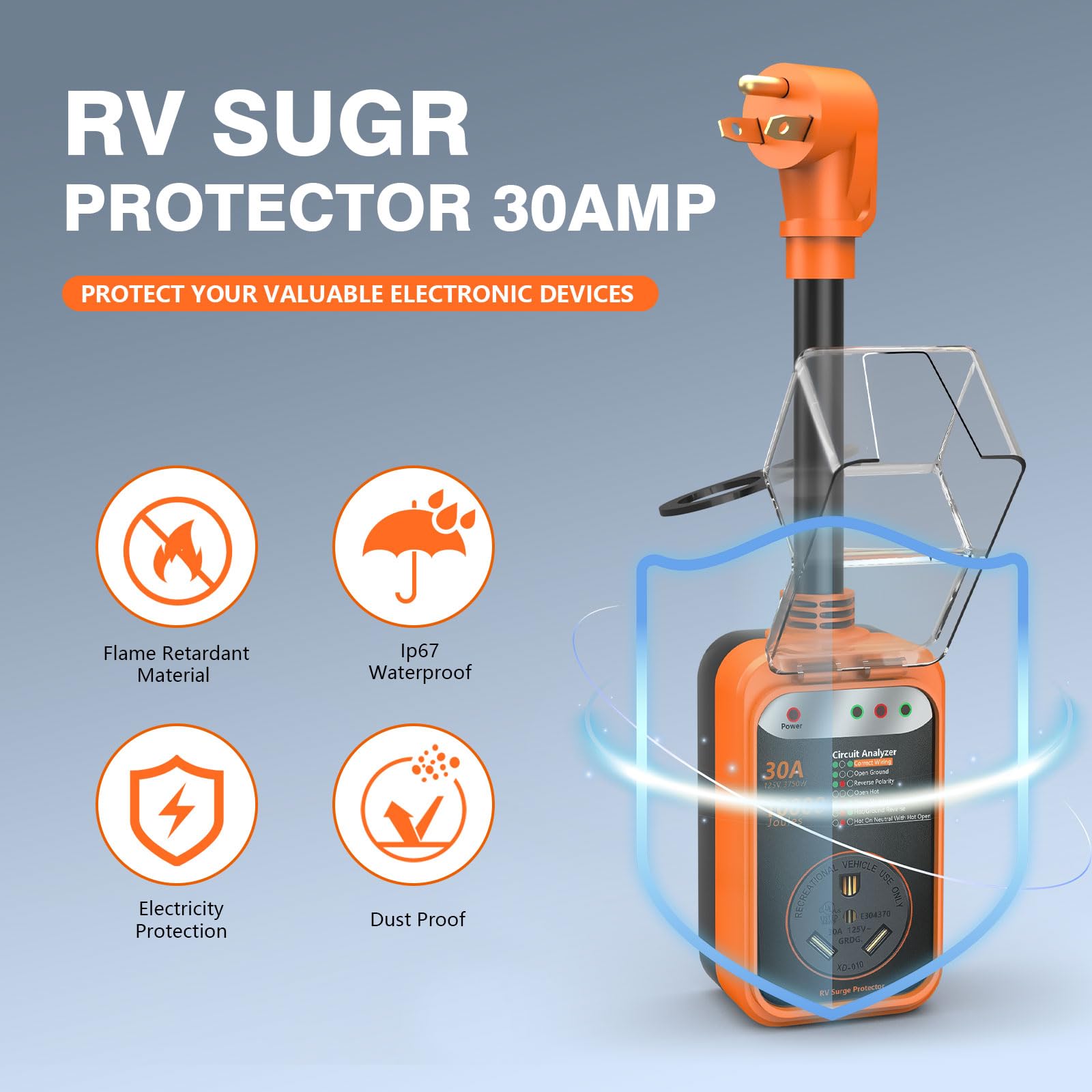 RV Surge Protector 30 Amp, 10000 Joules RV Circuit Analyzer with Waterproof Cover,RV Adapter Plug for Camper Travel Trailers (30 AMP)
